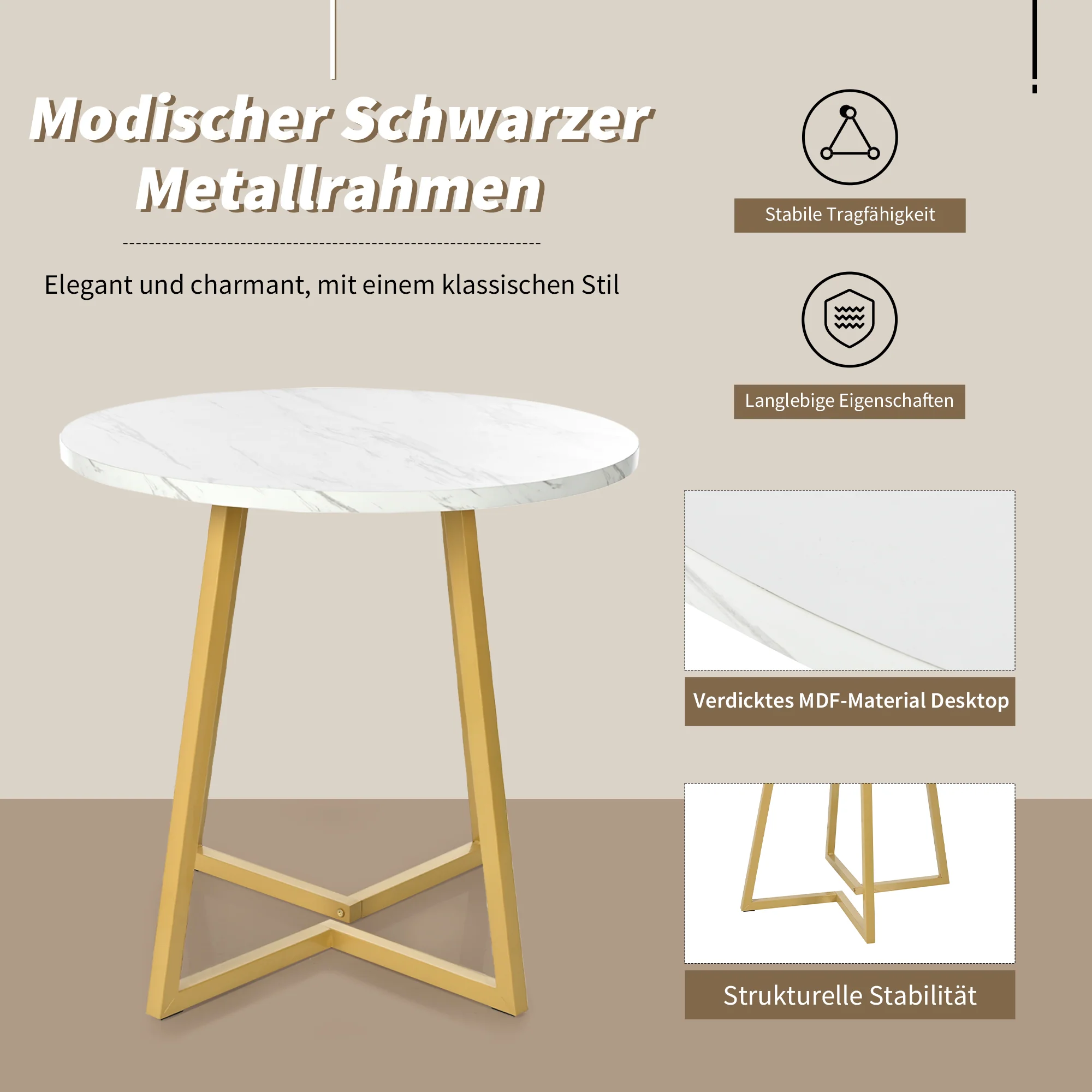 Dining Table Set (5-piece) Round 80cm Kitchen Table White MDF, Gold Metal/Black Velvet - Image 4