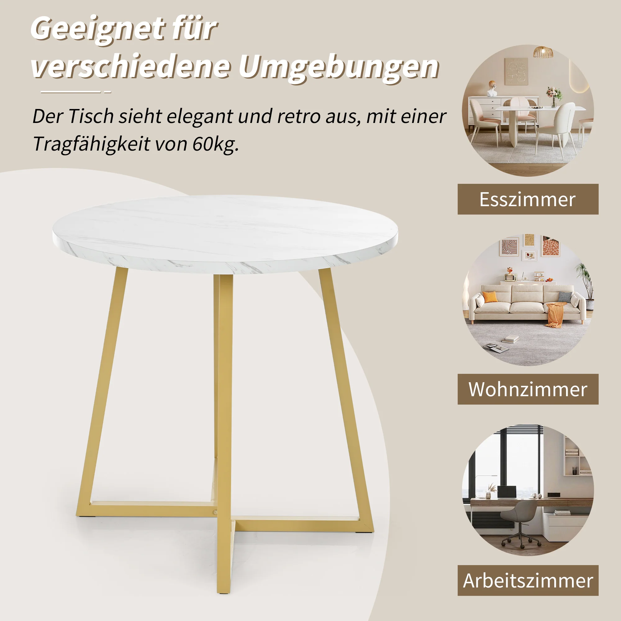 Dining Table Set (5-piece) Round 80cm Kitchen Table White MDF, Gold Metal/Black Velvet - Image 6
