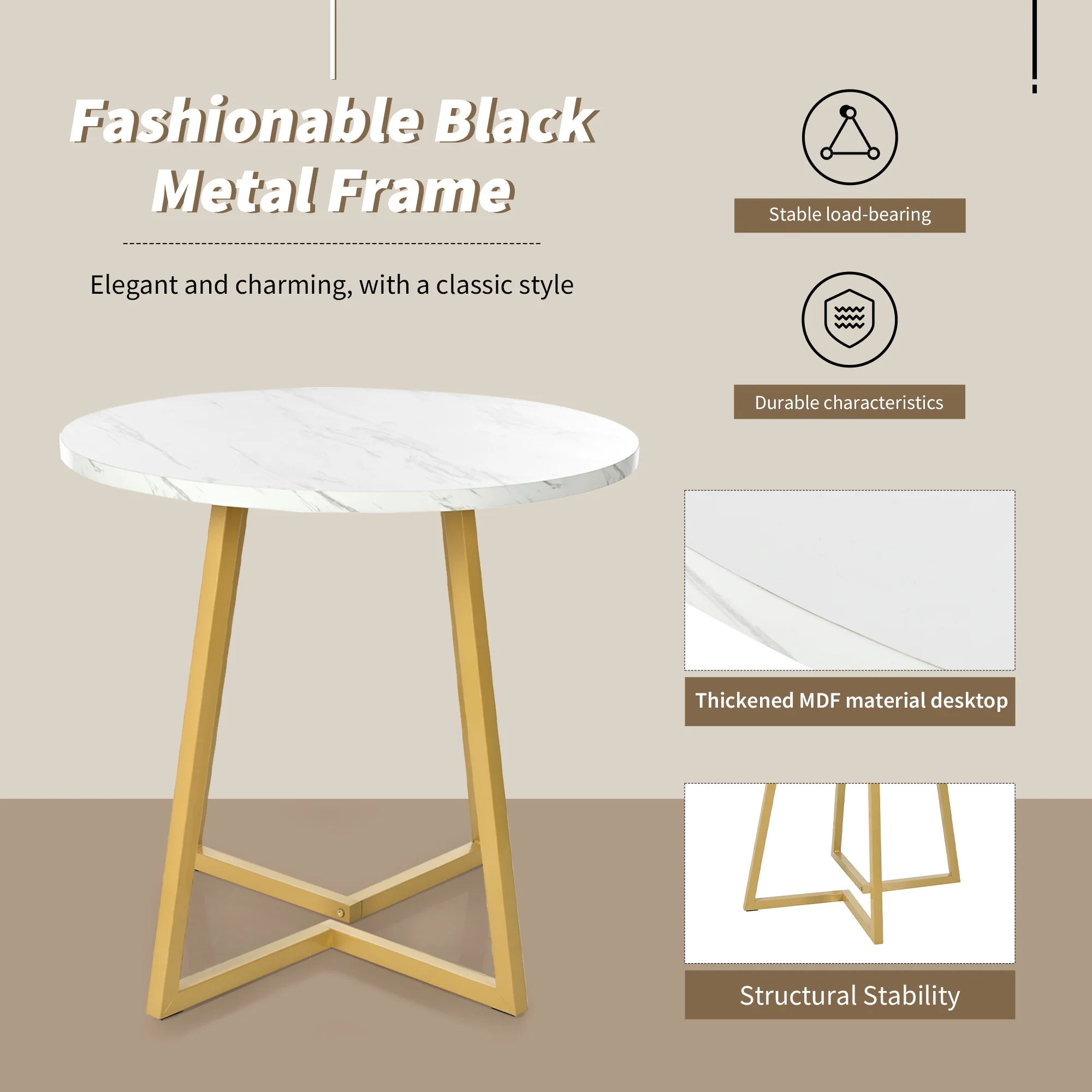 Dining Table Set (5-piece) Round 80cm Kitchen Table White MDF, Gold Metal/Black Velvet - Image 7