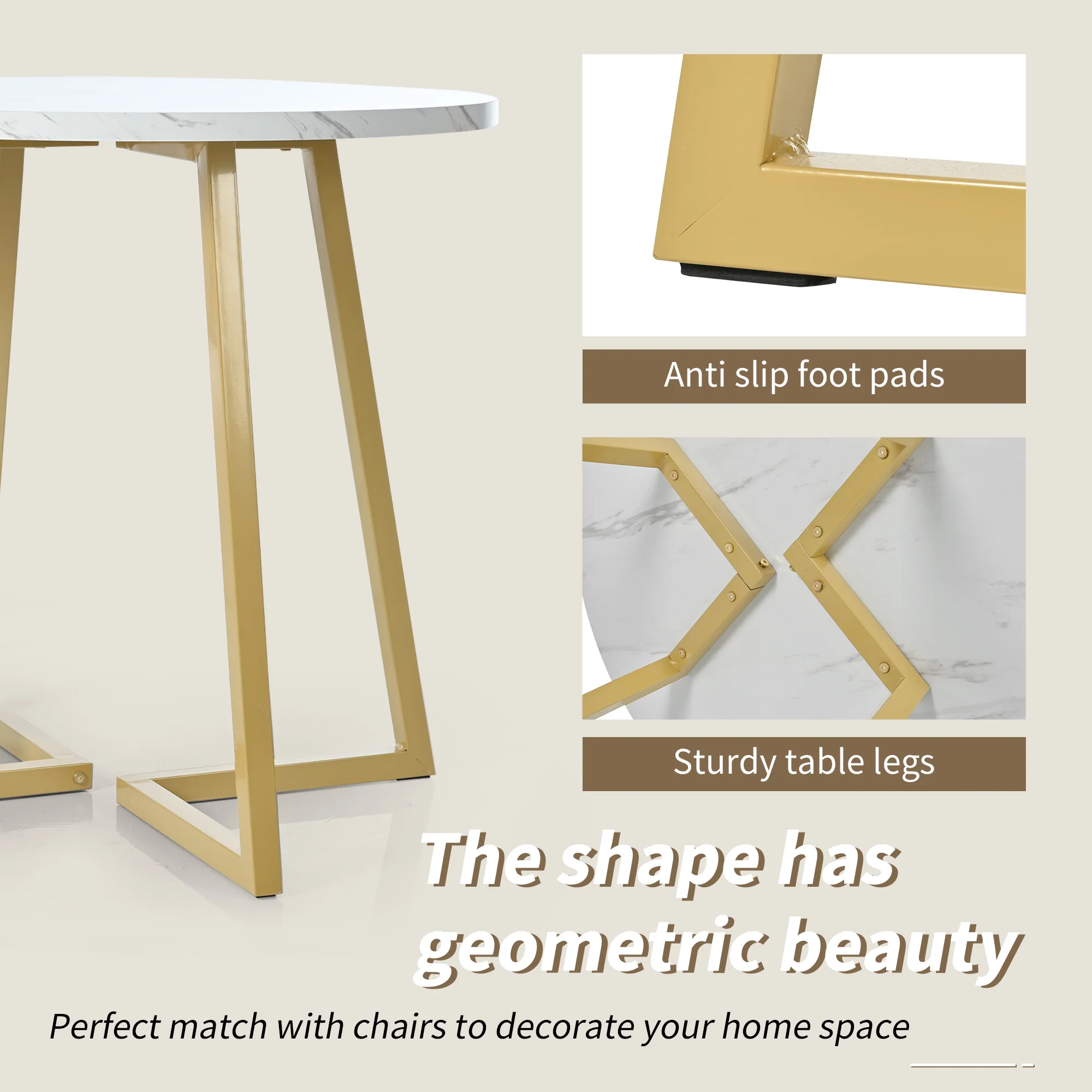 Dining Table Set (5-piece) Round 80cm Kitchen Table White MDF, Gold Metal/Black Velvet - Image 8