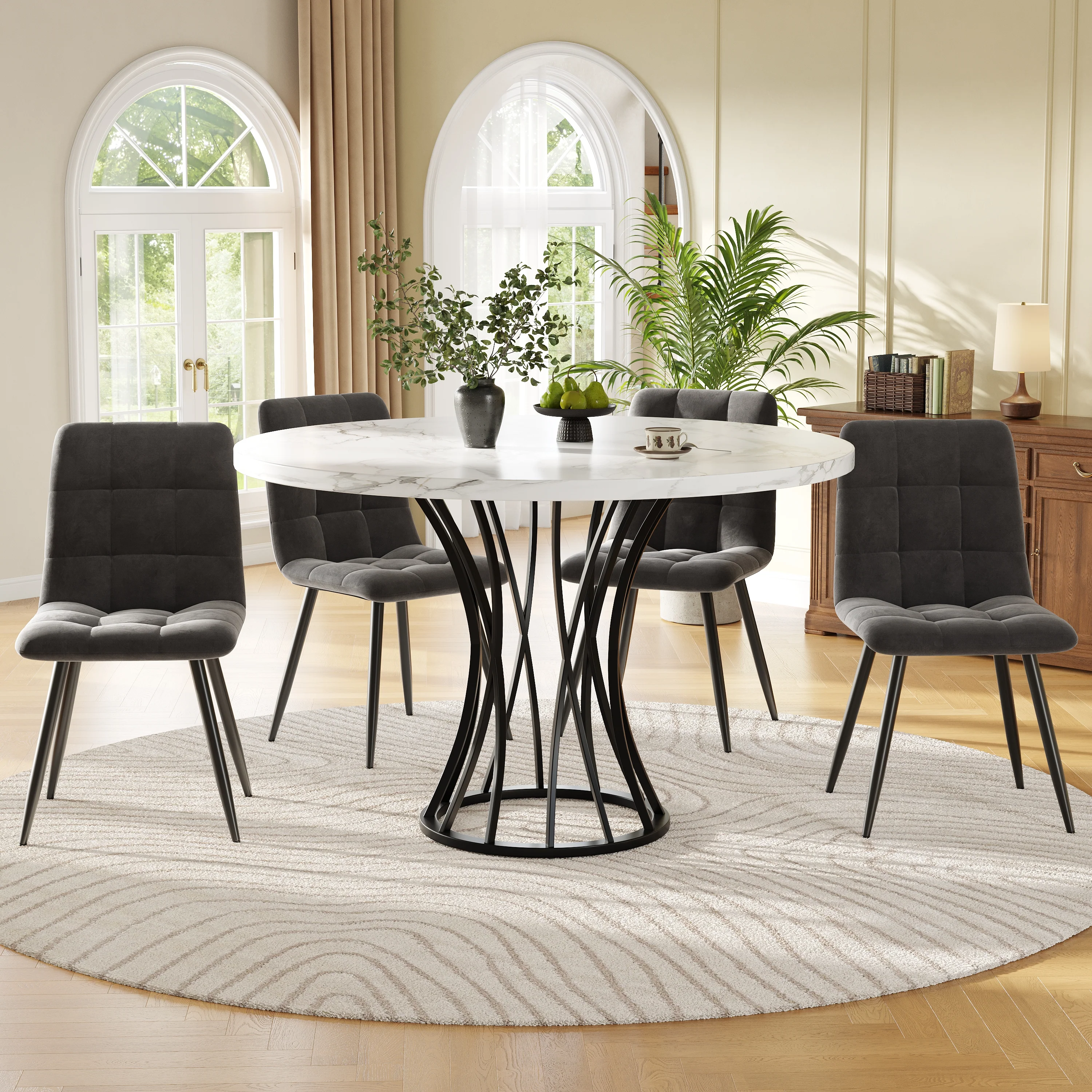 Dining Table Set 5-Piece Round 80cm Marble Top 4 Chairs - Grey Velvet - Image 2