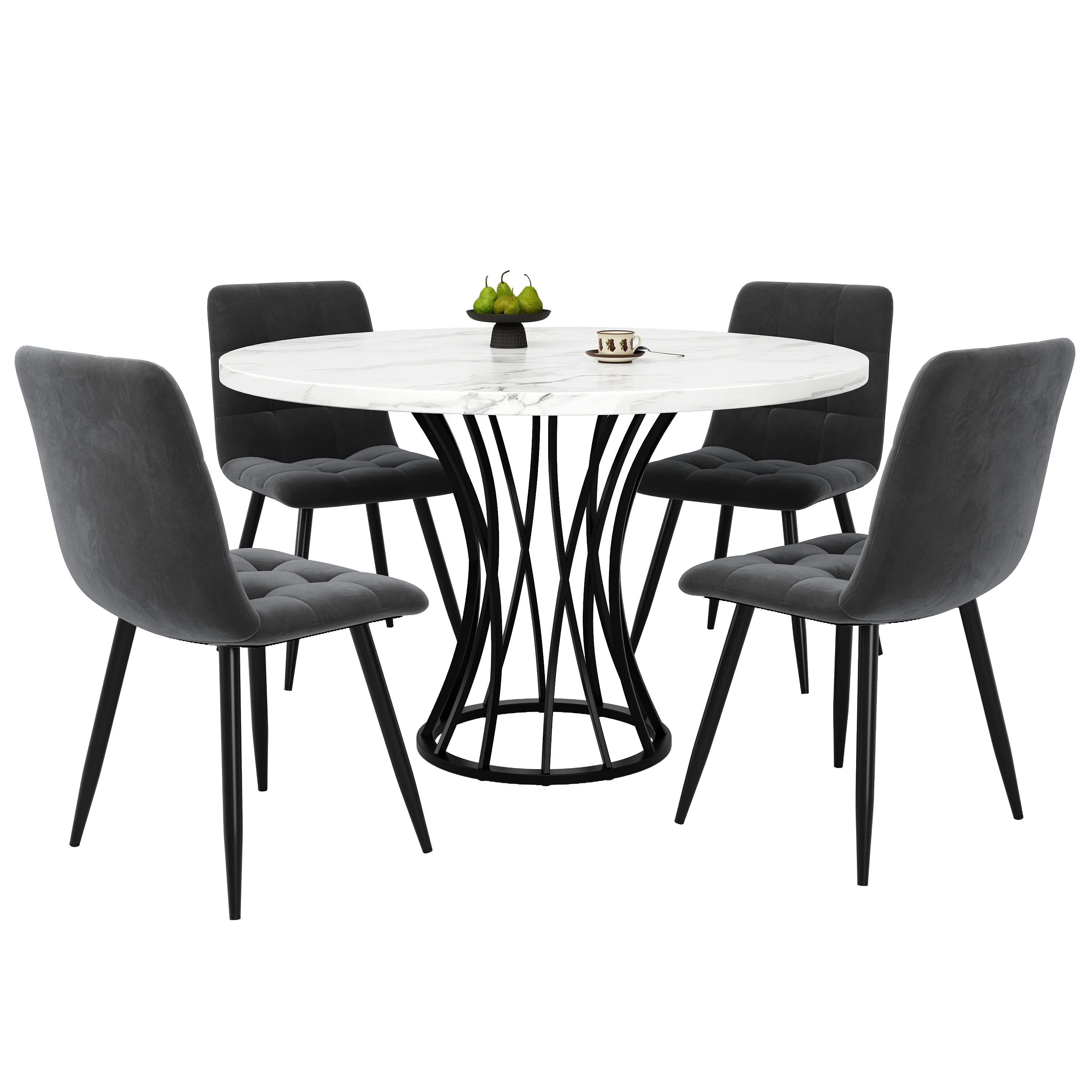 Dining Table Set 5-Piece Round 80cm Marble Top 4 Chairs - Grey Velvet - Image 6