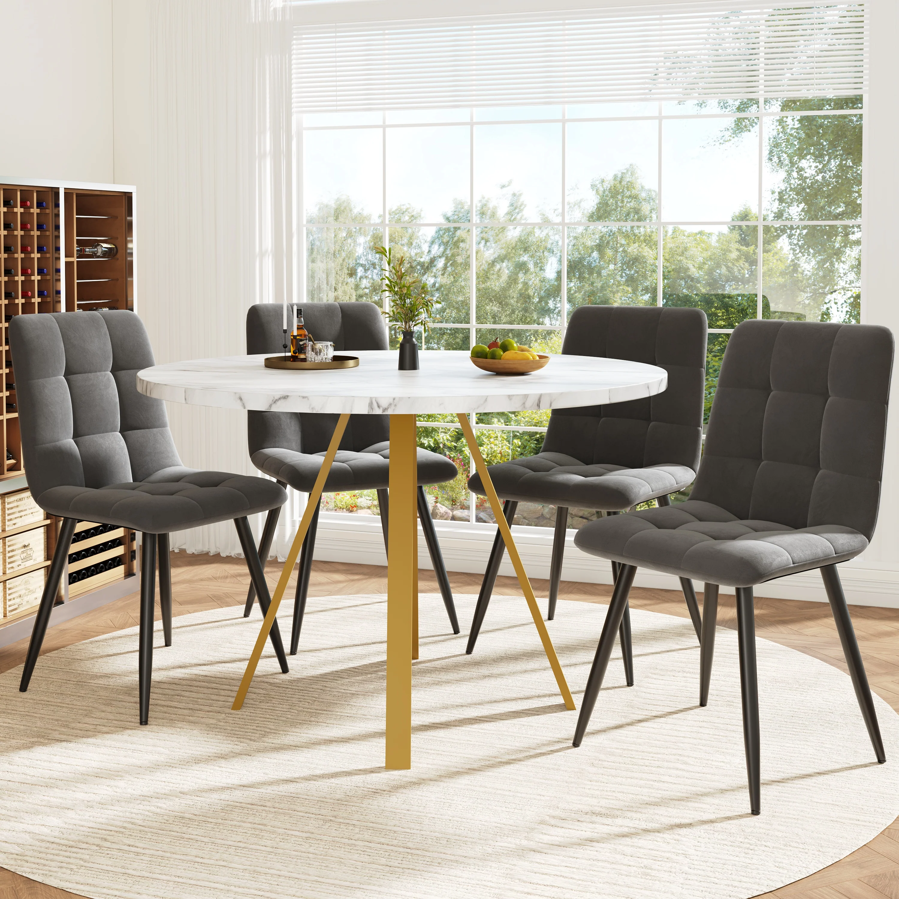 Dining Table Set 5-Piece Round 80x80x75 cm 4 Velvet Chairs, White Marble/Grey - Image 2
