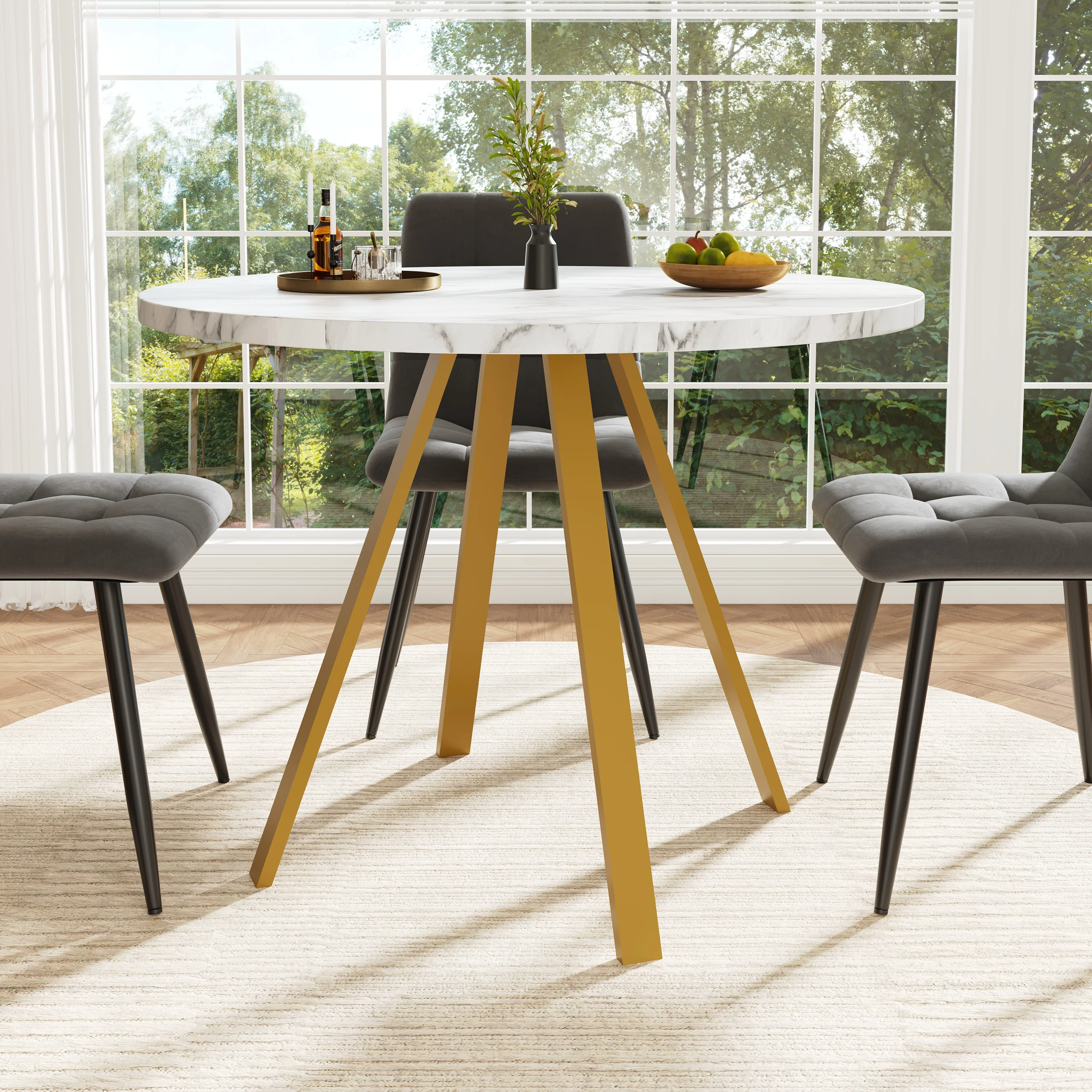 Dining Table Set 5-Piece Round 80x80x75 cm 4 Velvet Chairs, White Marble/Grey - Image 3