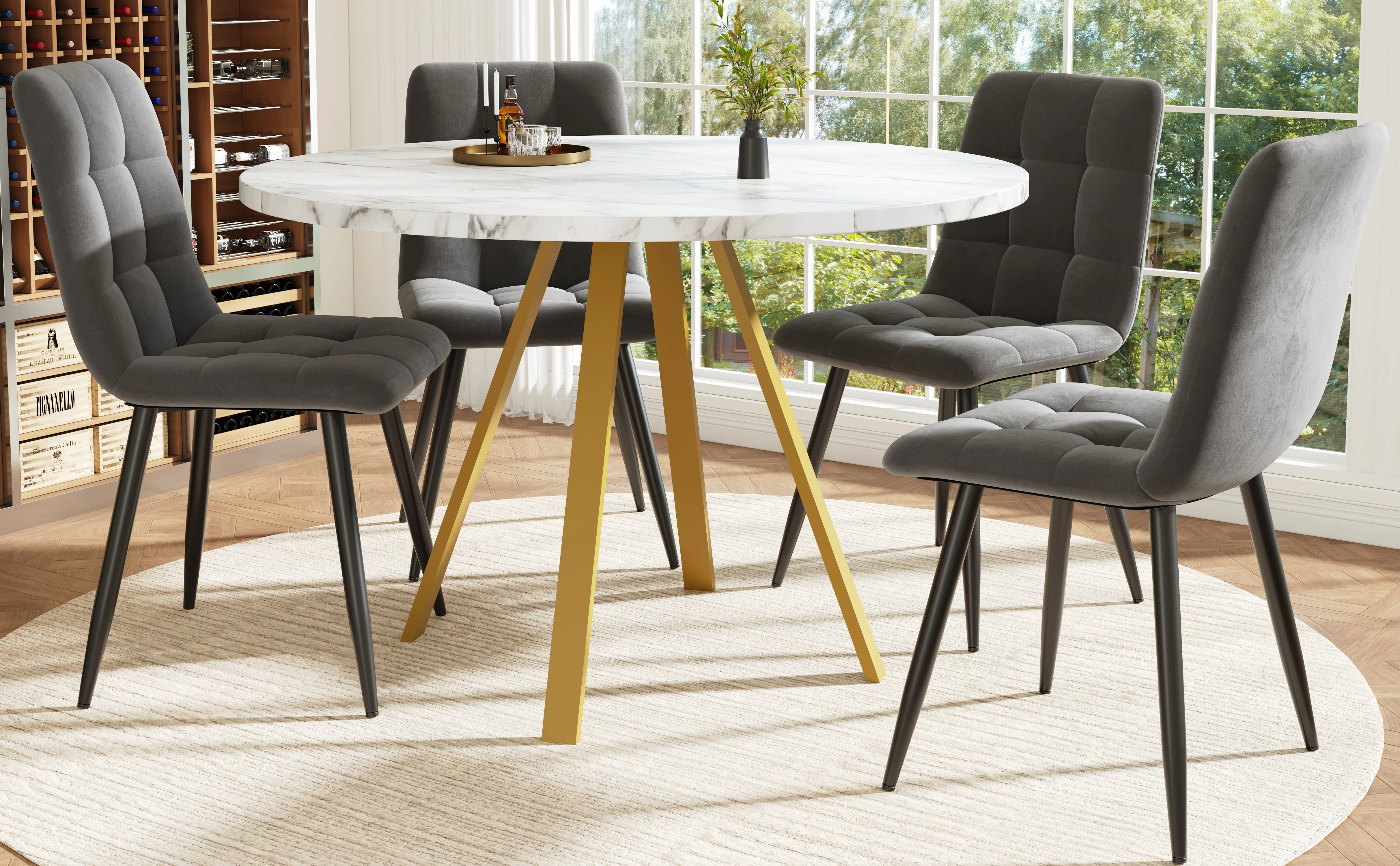 Dining Table Set 5-Piece Round 80x80x75 cm 4 Velvet Chairs, White Marble/Grey - Image 4