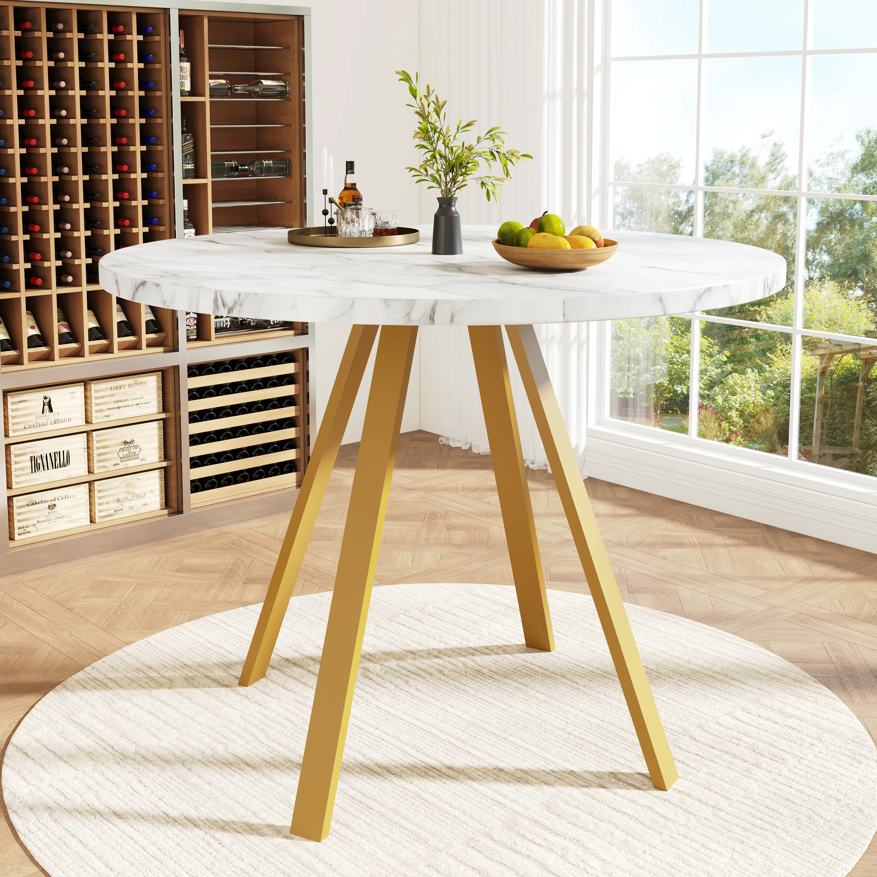 Dining Table Set 5-Piece Round 80x80x75 cm 4 Velvet Chairs, White Marble/Grey - Image 5
