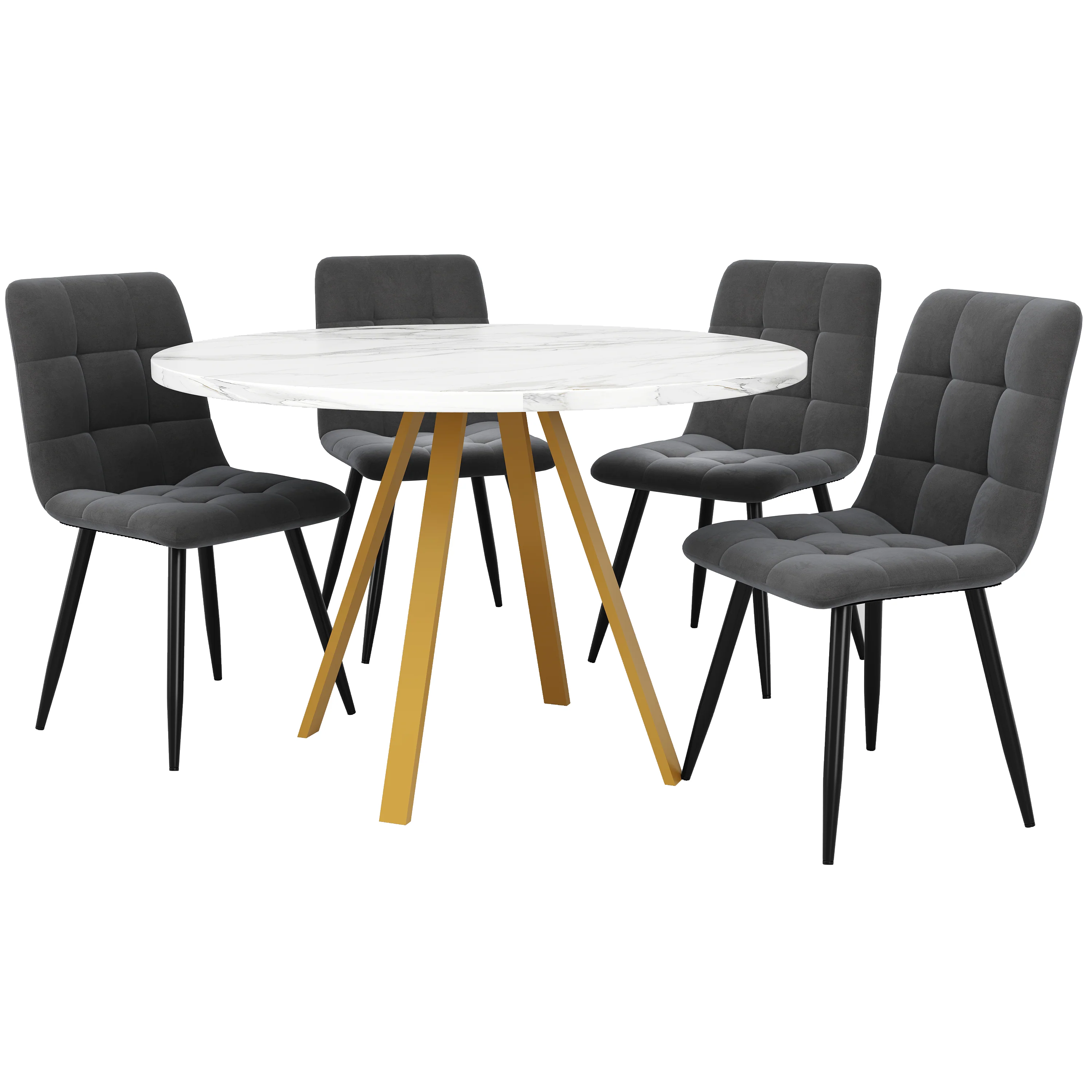 Dining Table Set 5-Piece Round 80x80x75 cm 4 Velvet Chairs, White Marble/Grey - Image 7
