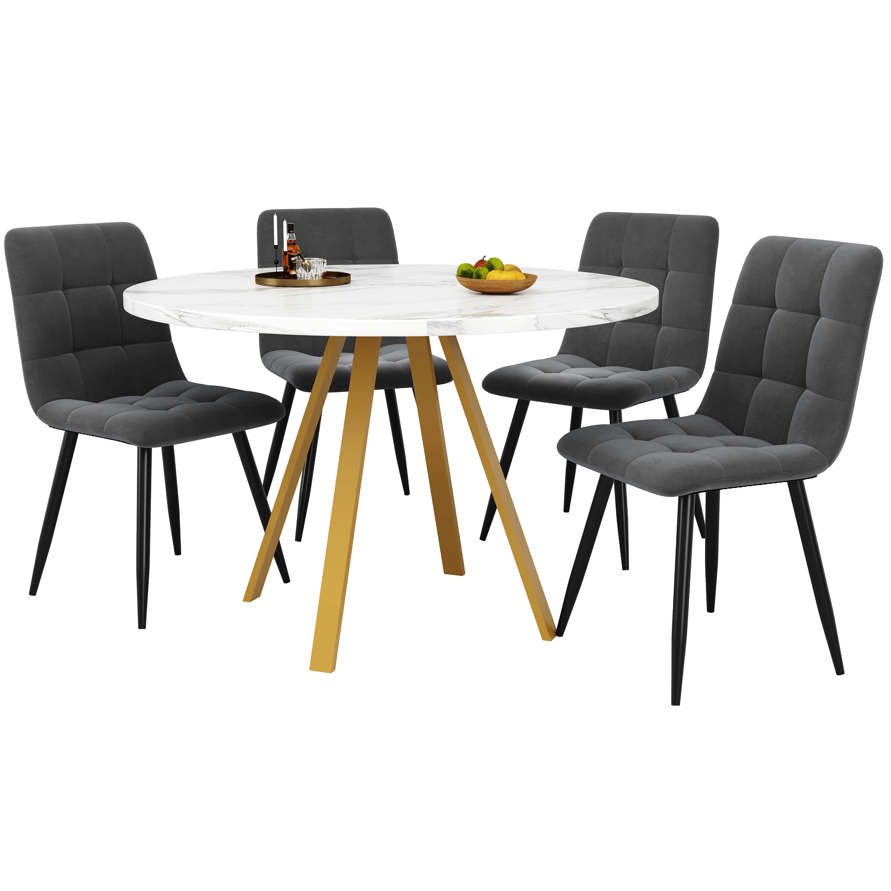 Dining Table Set 5-Piece Round 80x80x75 cm 4 Velvet Chairs, White Marble/Grey - Image 8