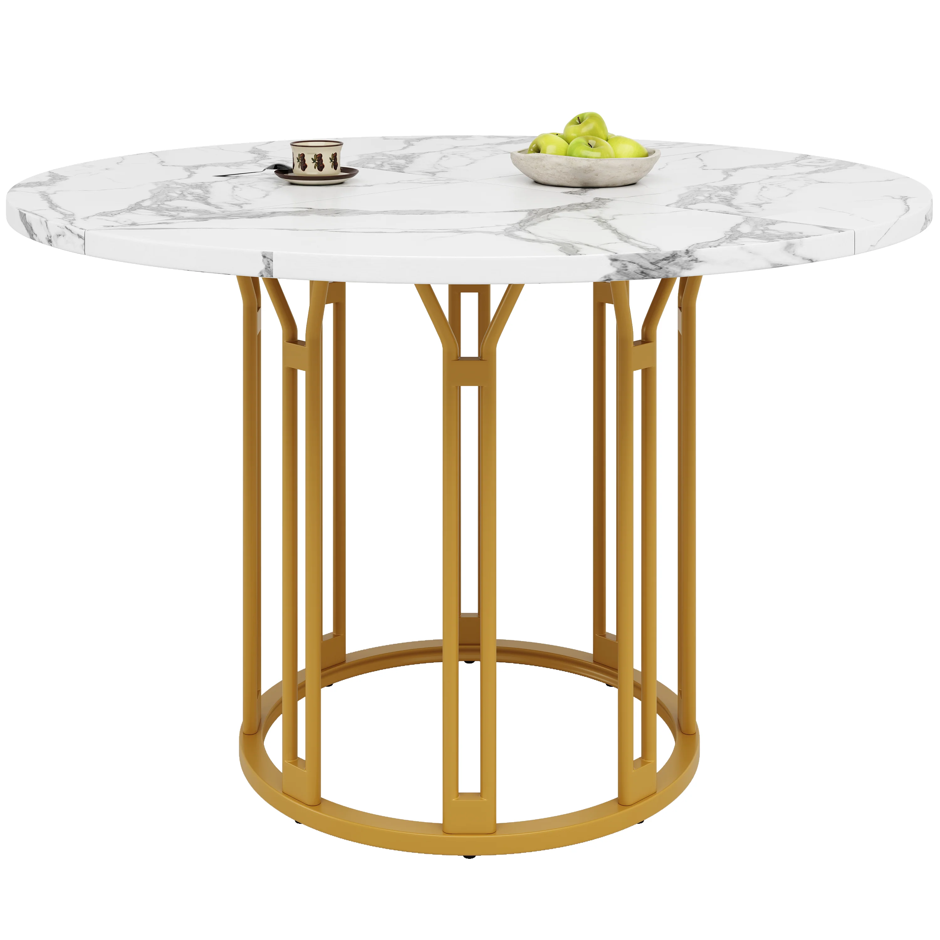 Dining Table Set 5-Piece Round Marble Top 4 Chairs Linen Bench - Grey - Image 10