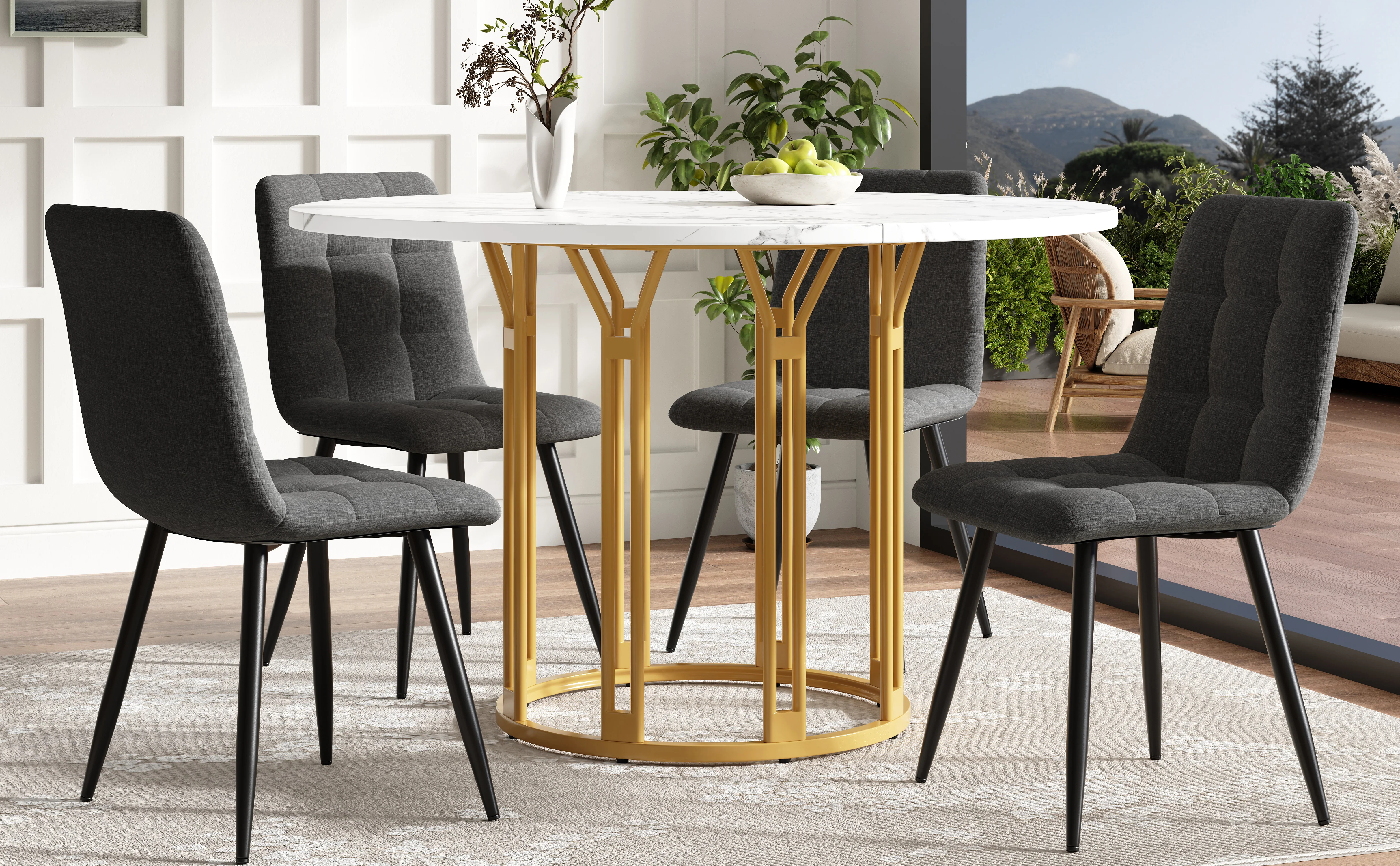 Dining Table Set 5-Piece Round Marble Top 4 Chairs Linen Bench - Grey - Image 3