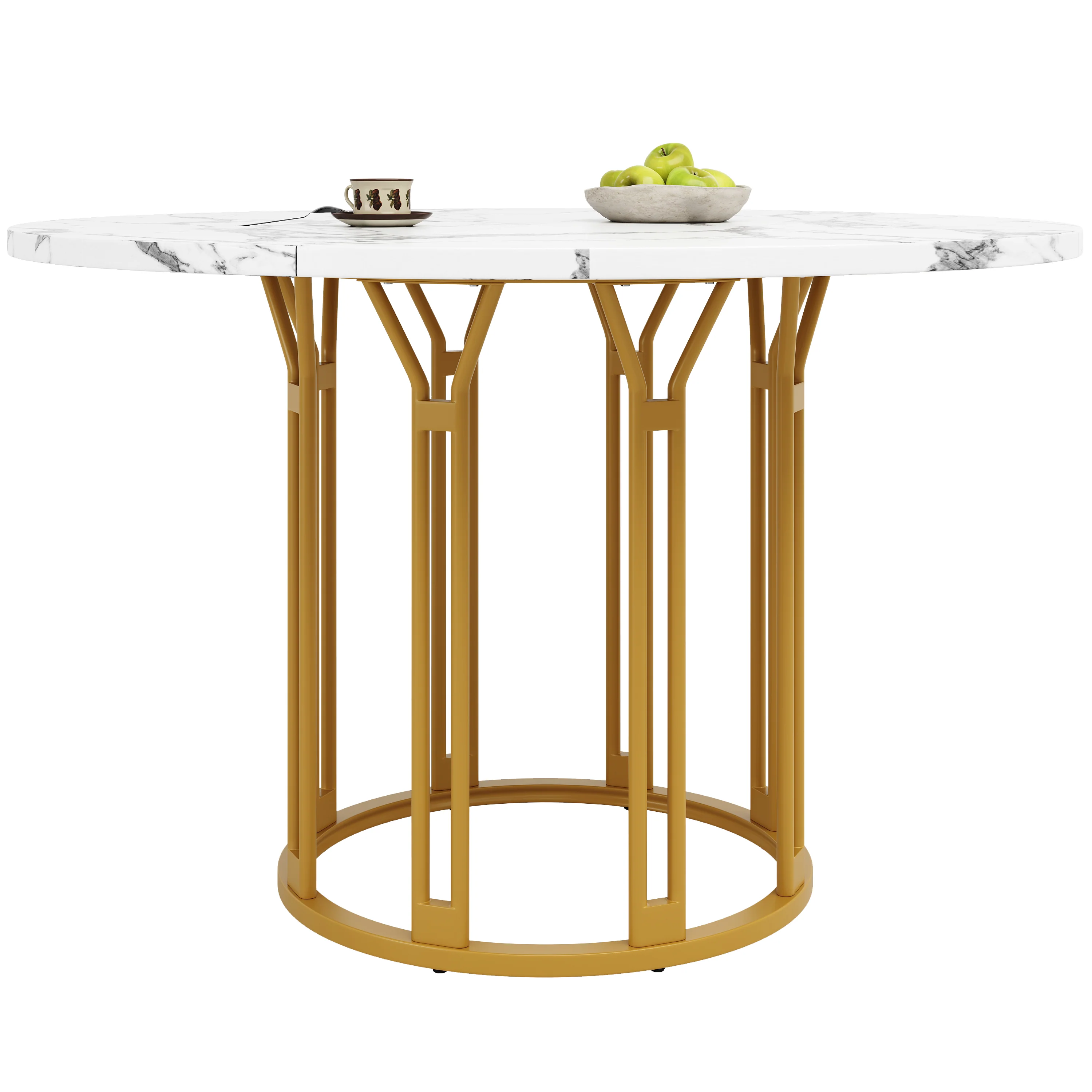 Dining Table Set 5-Piece Round Marble Top 4 Chairs Linen Bench - Grey - Image 9