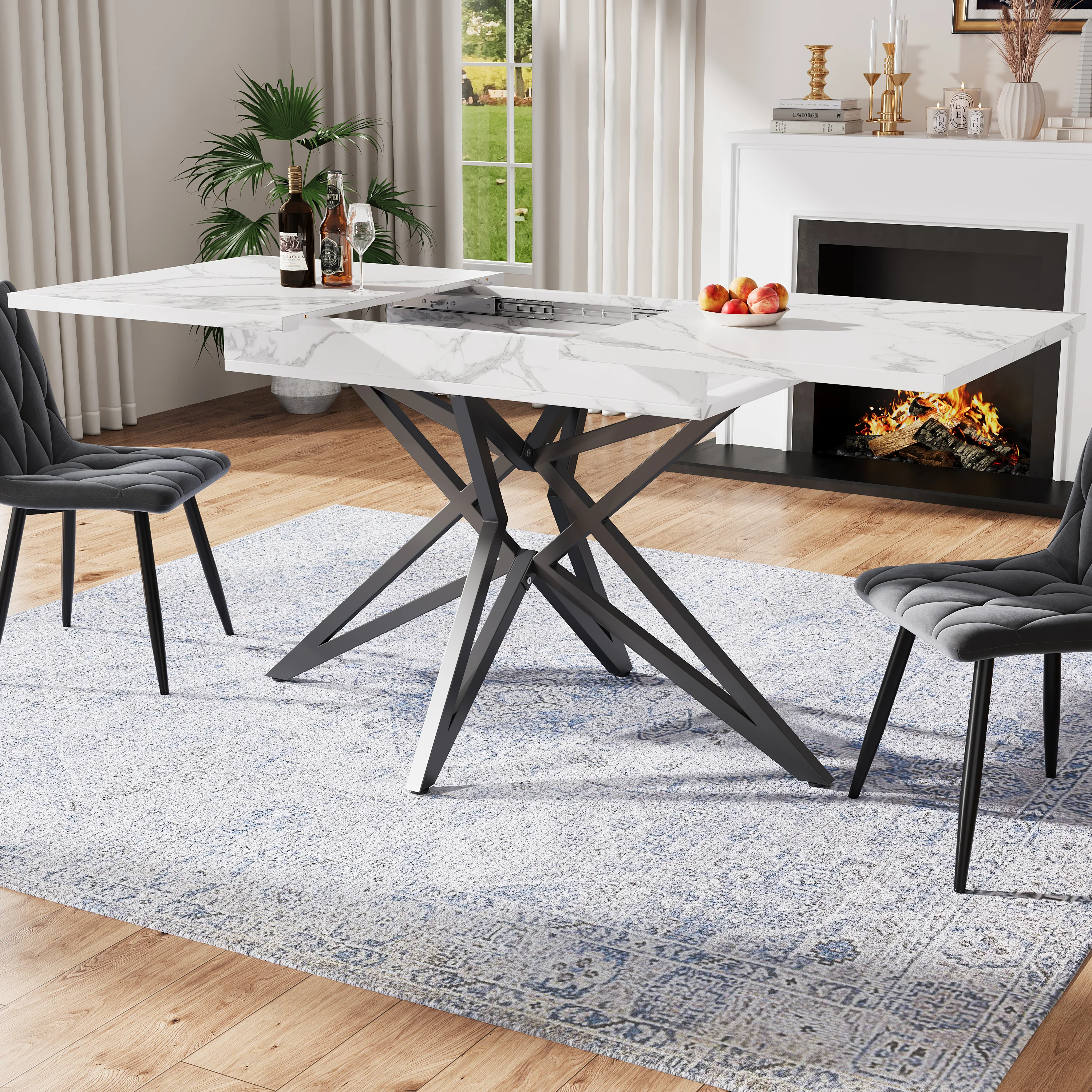 Dining Table Set Extendable 120/160cm 4 Chairs Diagonal Velvet - Dark Grey - Image 3