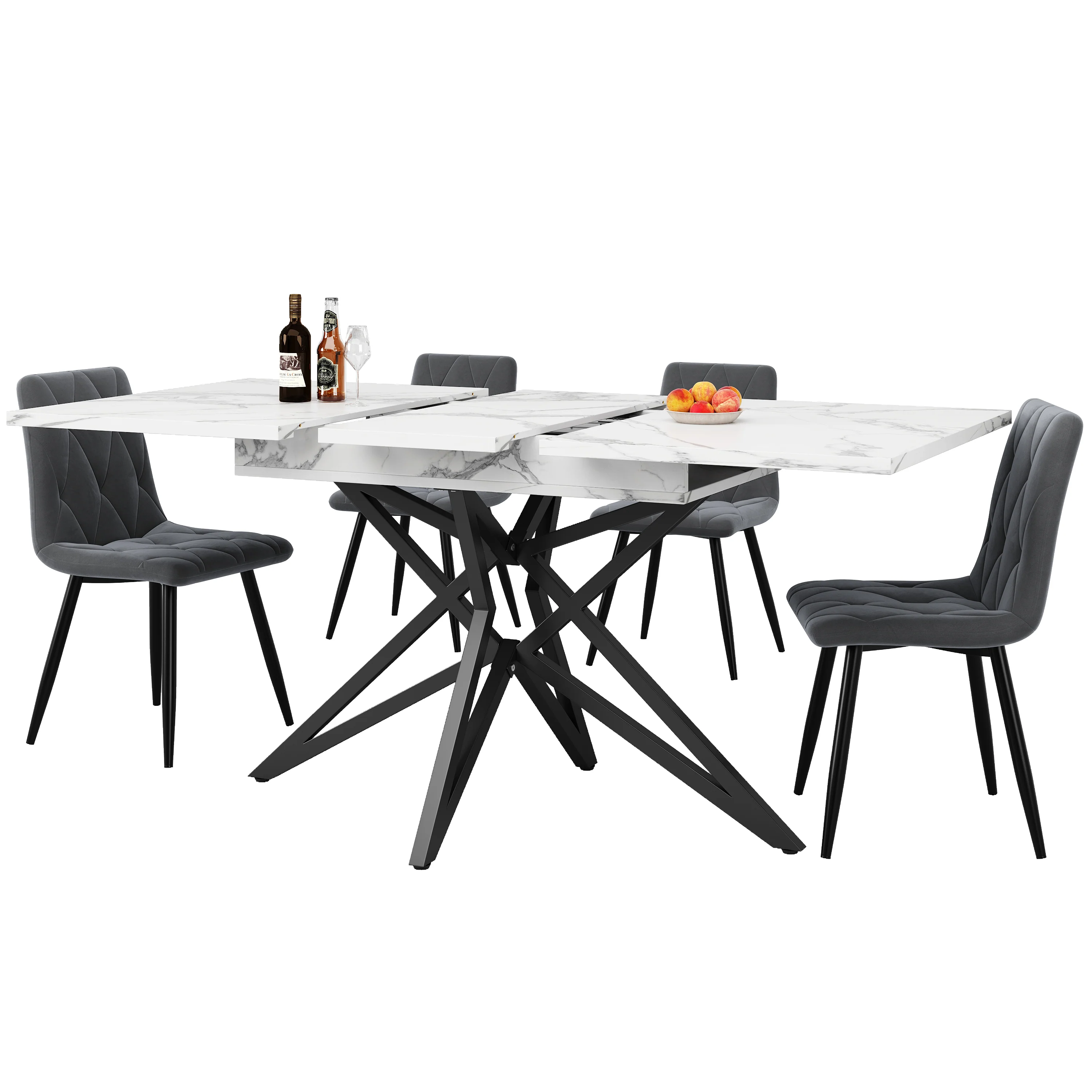 Dining Table Set Extendable 120/160cm 4 Chairs Diagonal Velvet - Dark Grey - Image 6