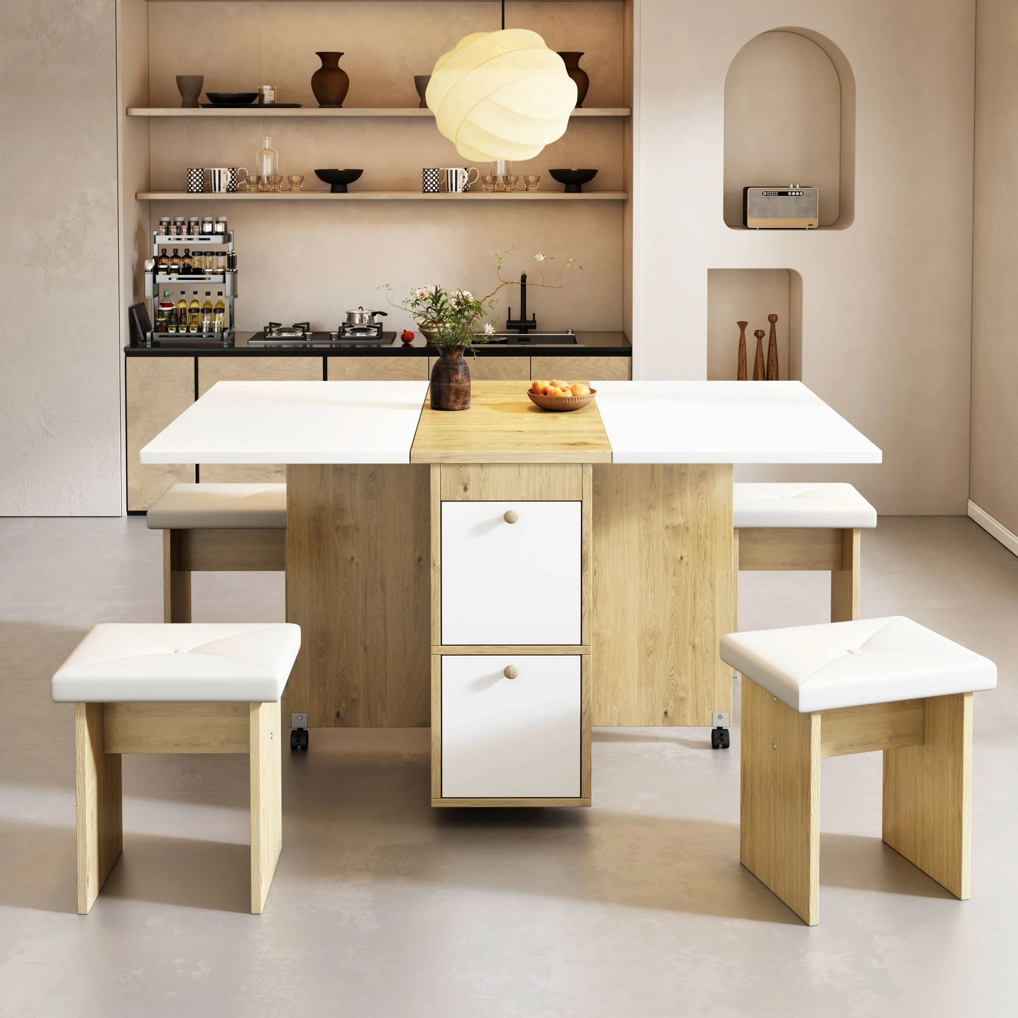 Dining Table Set Extendable Folding Multifunctional 4 Chairs White + Oak - Image 3