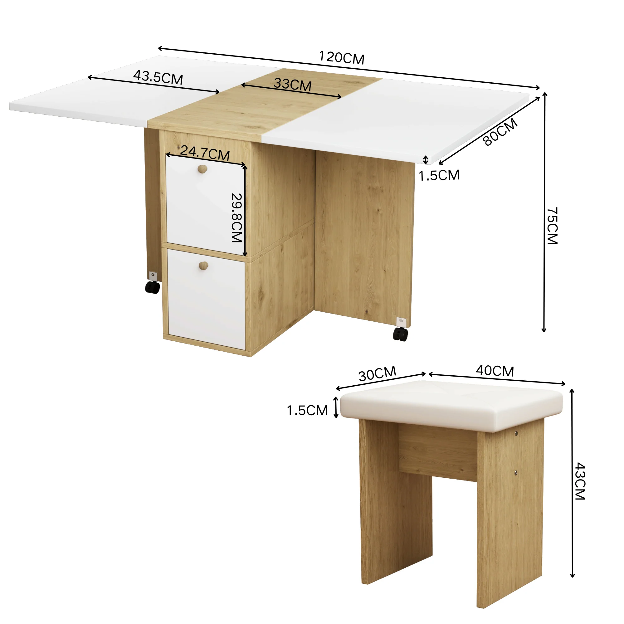 Dining Table Set Extendable Folding Multifunctional 4 Chairs White + Oak - Image 7