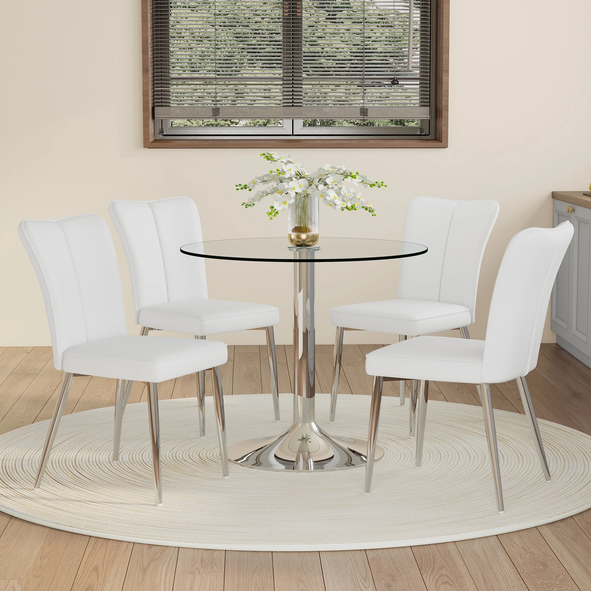 Dining Table Set Modern Minimalist 85cm Tempered Glass 4 Chairs White PU - Image 2