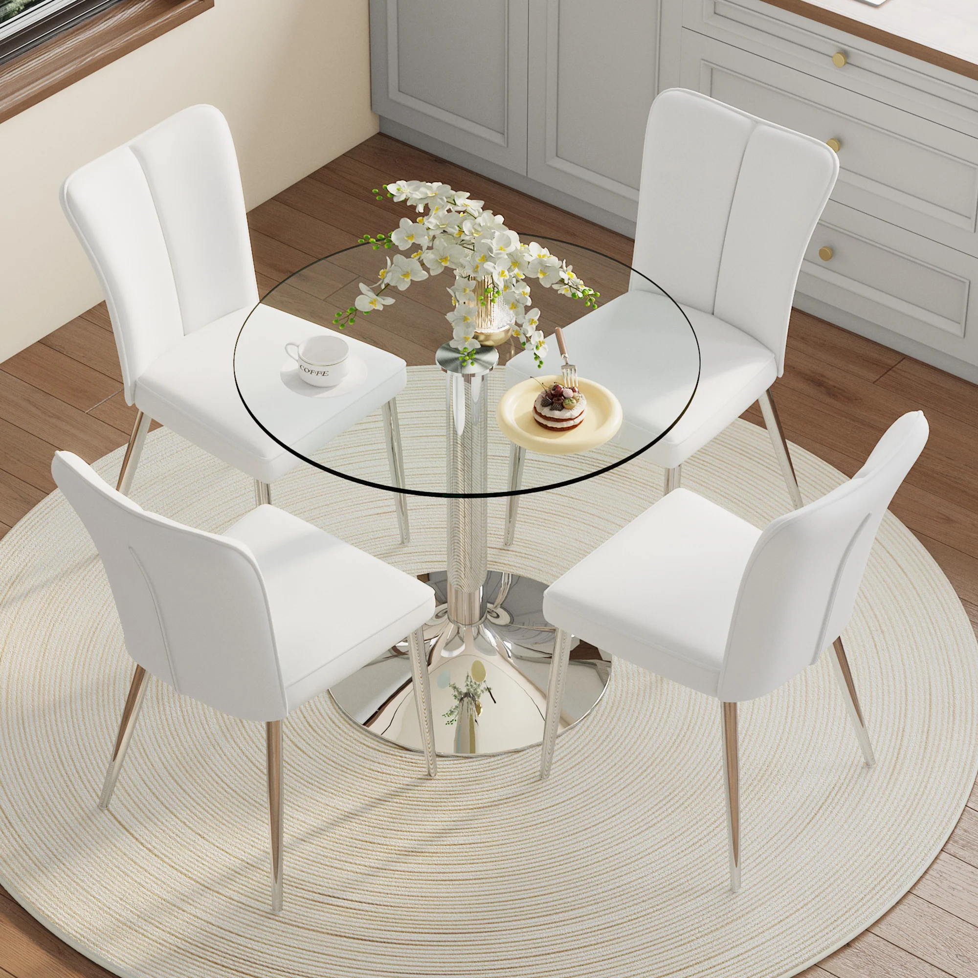 Dining Table Set Modern Minimalist 85cm Tempered Glass 4 Chairs White PU - Image 3