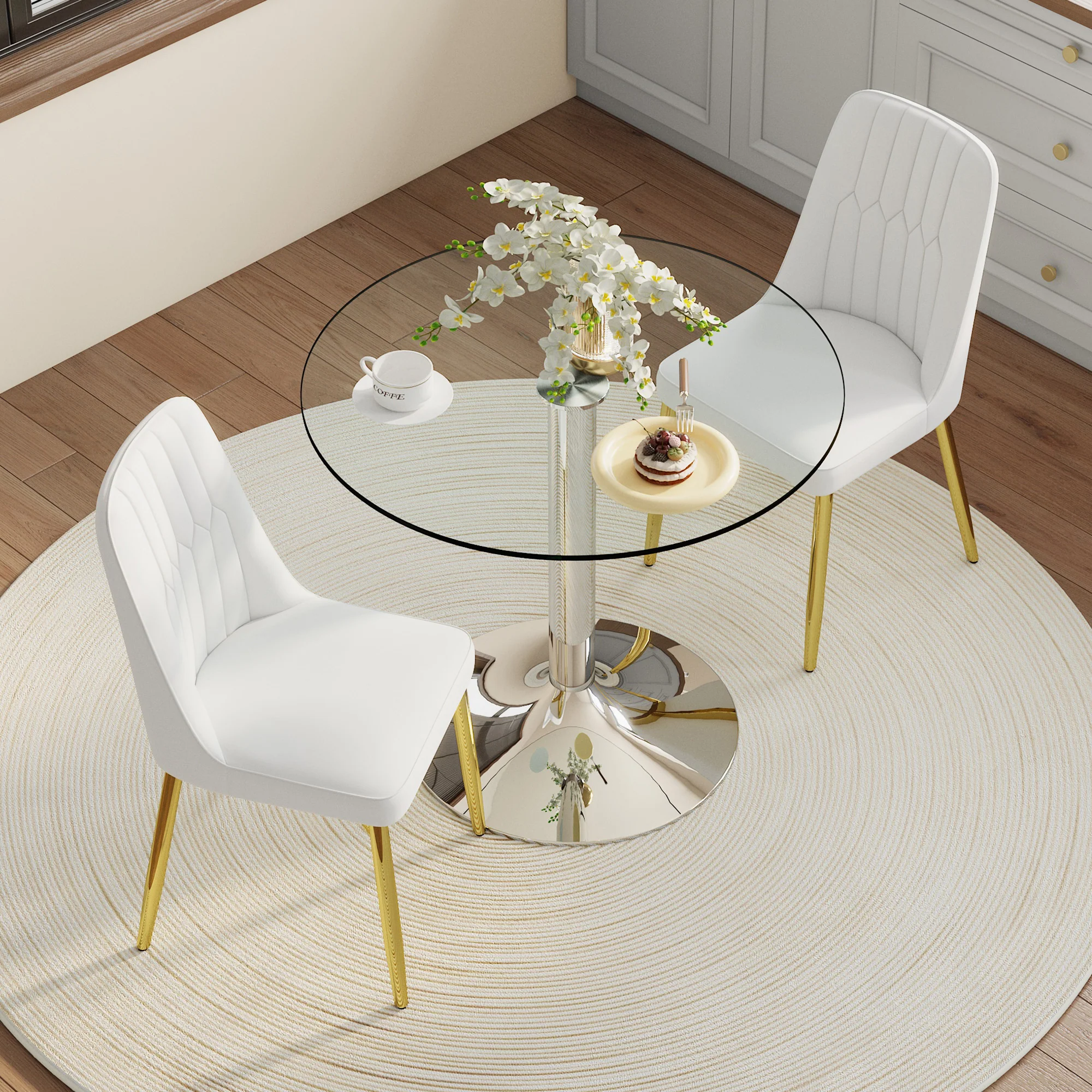 Dining Table Set - Modern Minimalist 85cm Tempered Glass Table & 2 PU Chairs - White & Gold