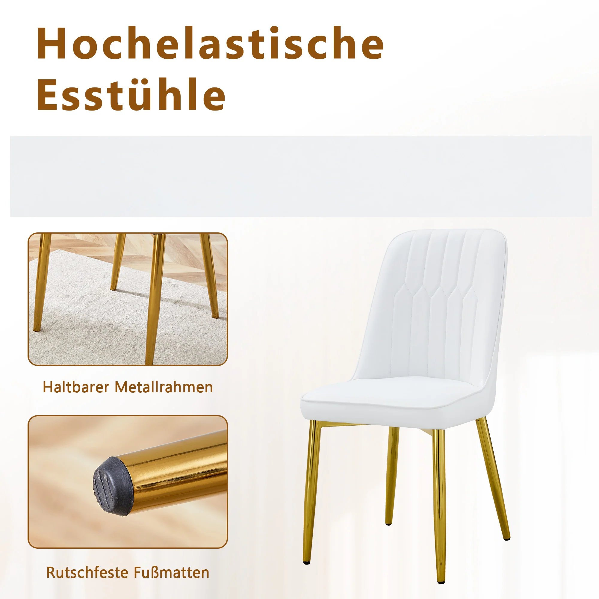 Dining Table Set - Modern Minimalist 85cm Tempered Glass Table & 2 PU Chairs - White & Gold - Image 10
