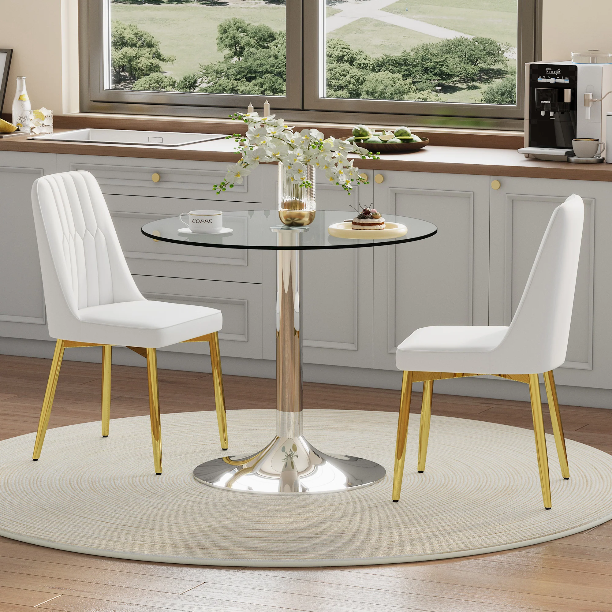 Dining Table Set - Modern Minimalist 85cm Tempered Glass Table & 2 PU Chairs - White & Gold - Image 2