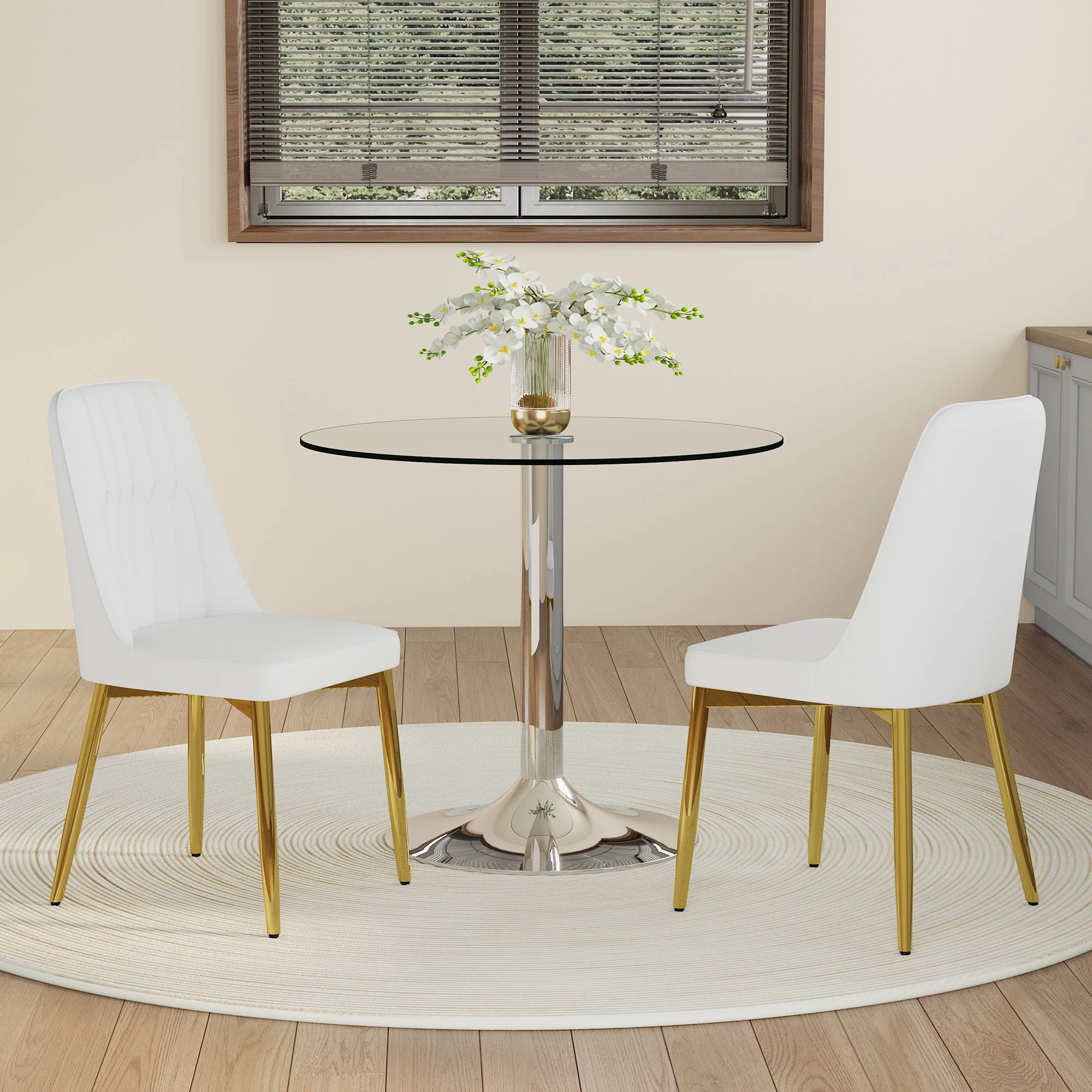Dining Table Set - Modern Minimalist 85cm Tempered Glass Table & 2 PU Chairs - White & Gold - Image 3