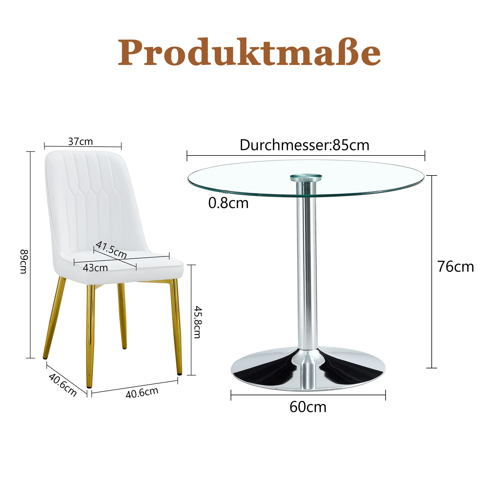 Dining Table Set - Modern Minimalist 85cm Tempered Glass Table & 2 PU Chairs - White & Gold - Image 4
