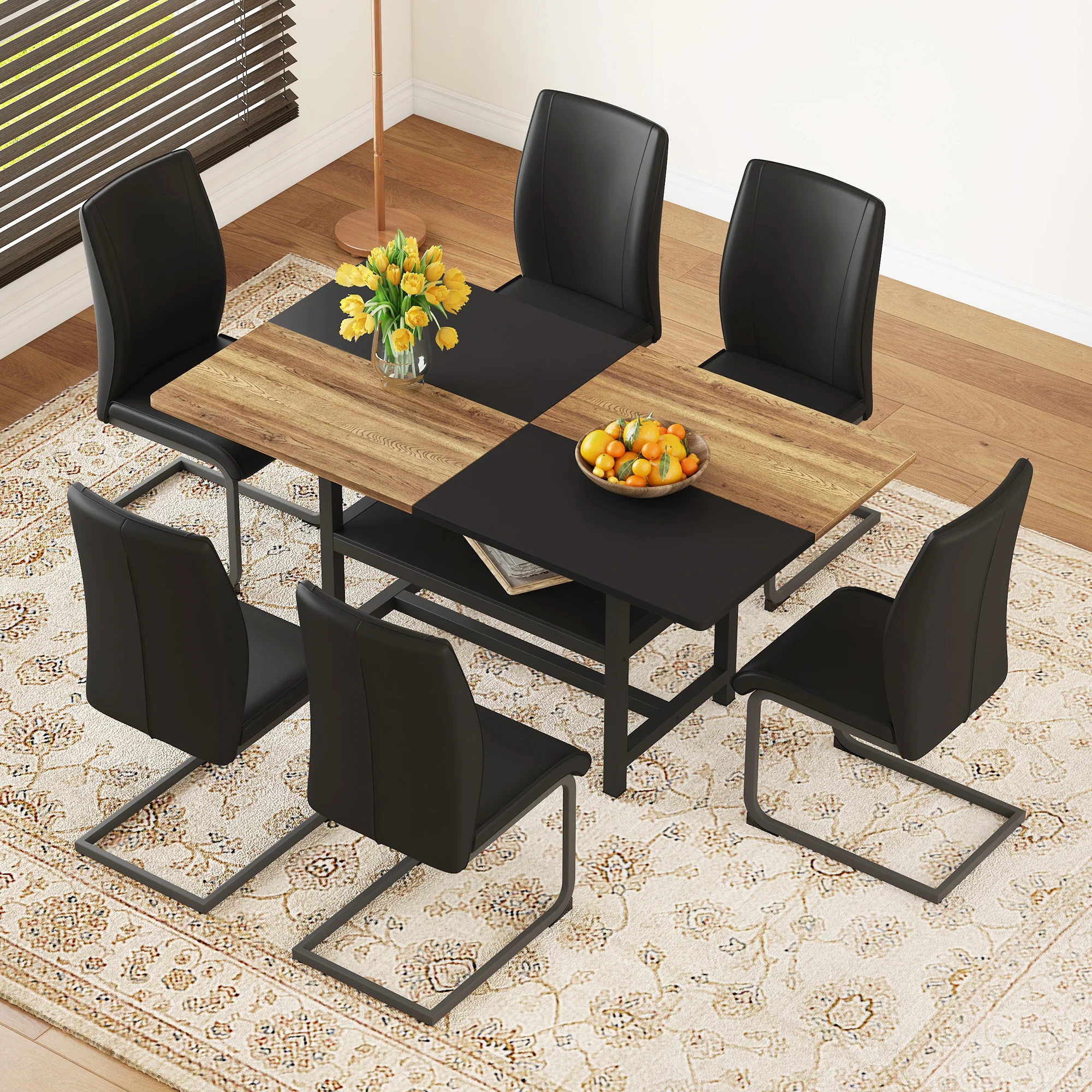 Dining Table Set Rectangular Storage Shelf 6 Armchairs - Faux Leather Black - Image 3