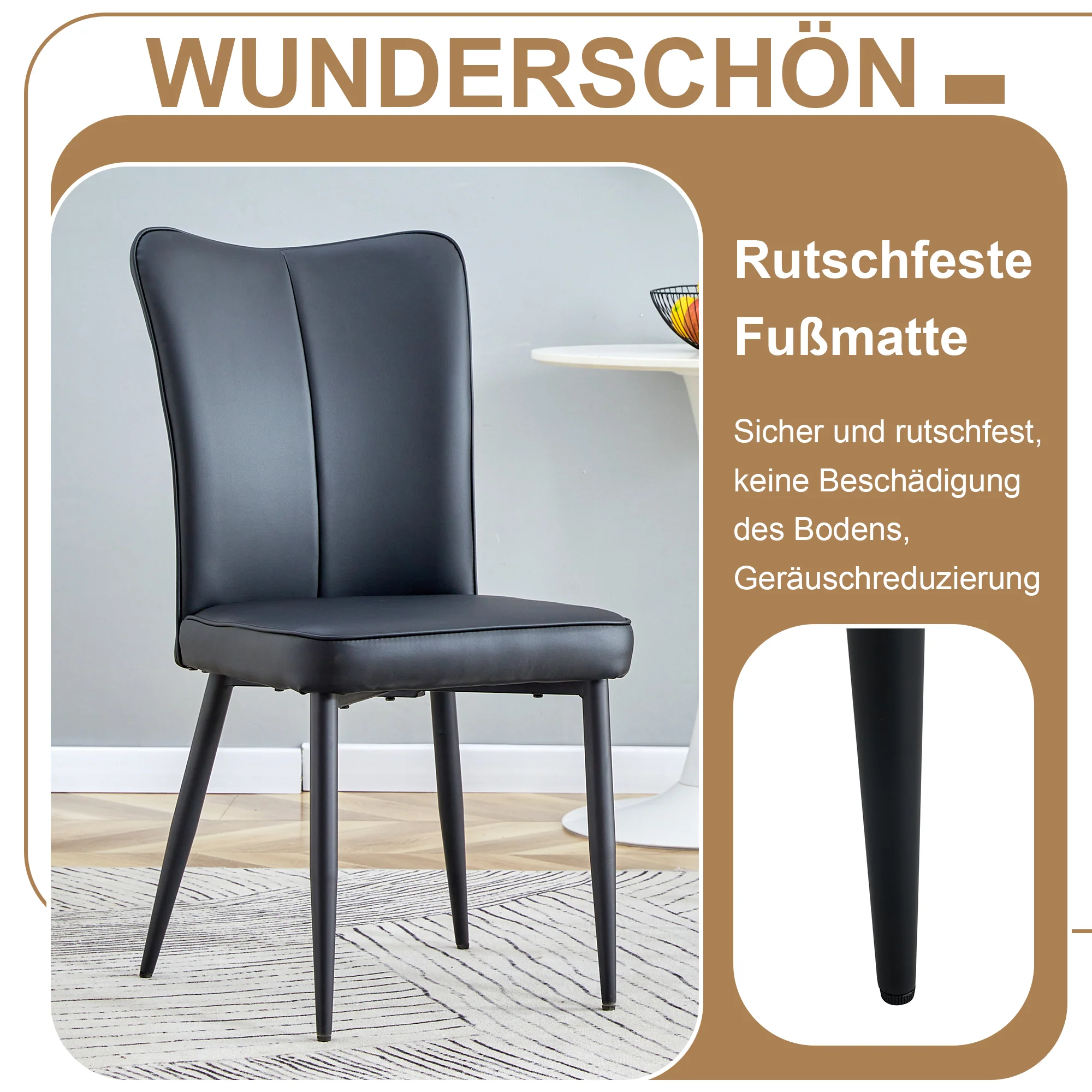 Dining Table Set Round 100cm 4 Chairs - Wood Look/Black PU - Image 5