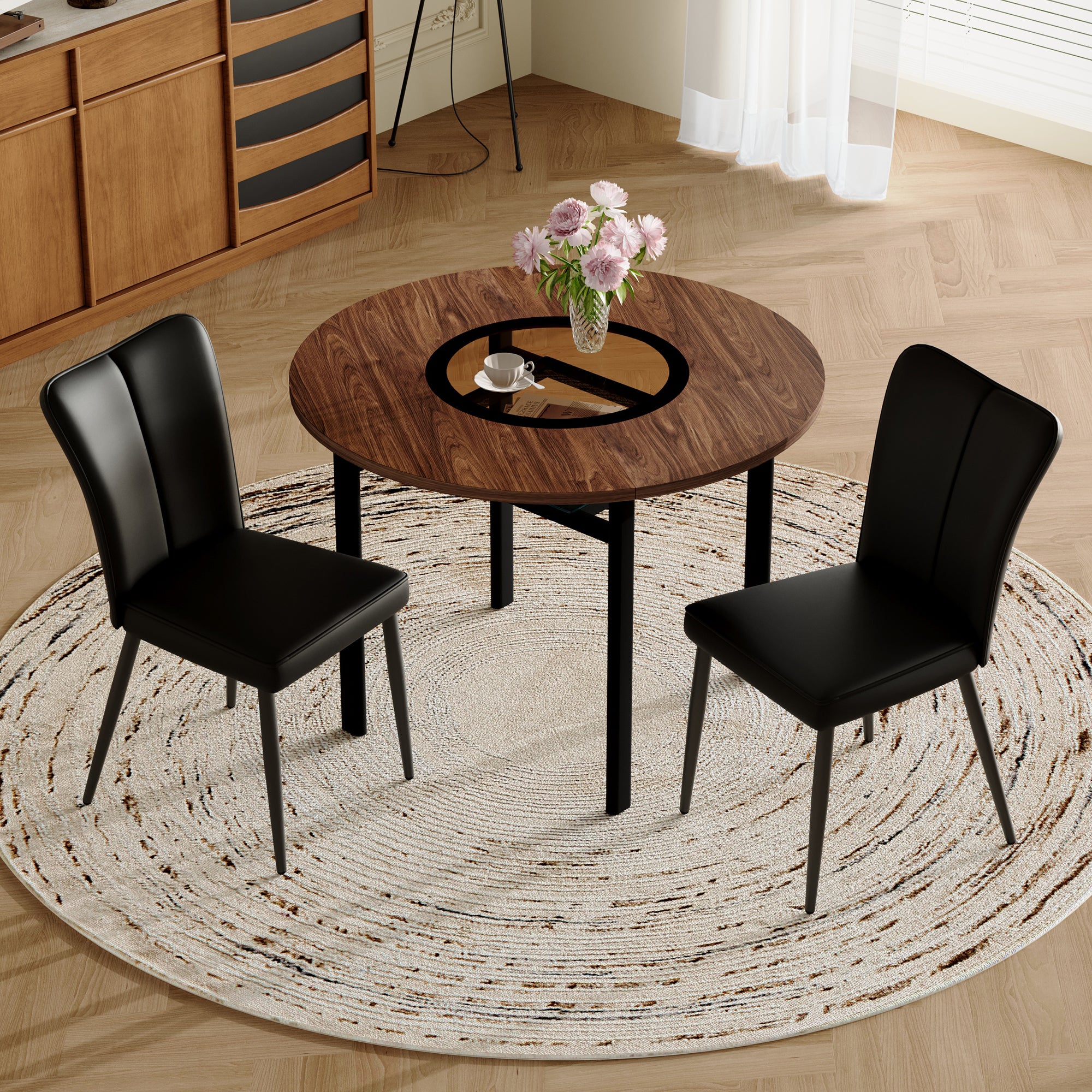 Dining Table Set Round 100cm Wood Look 2 Chairs - Black PU