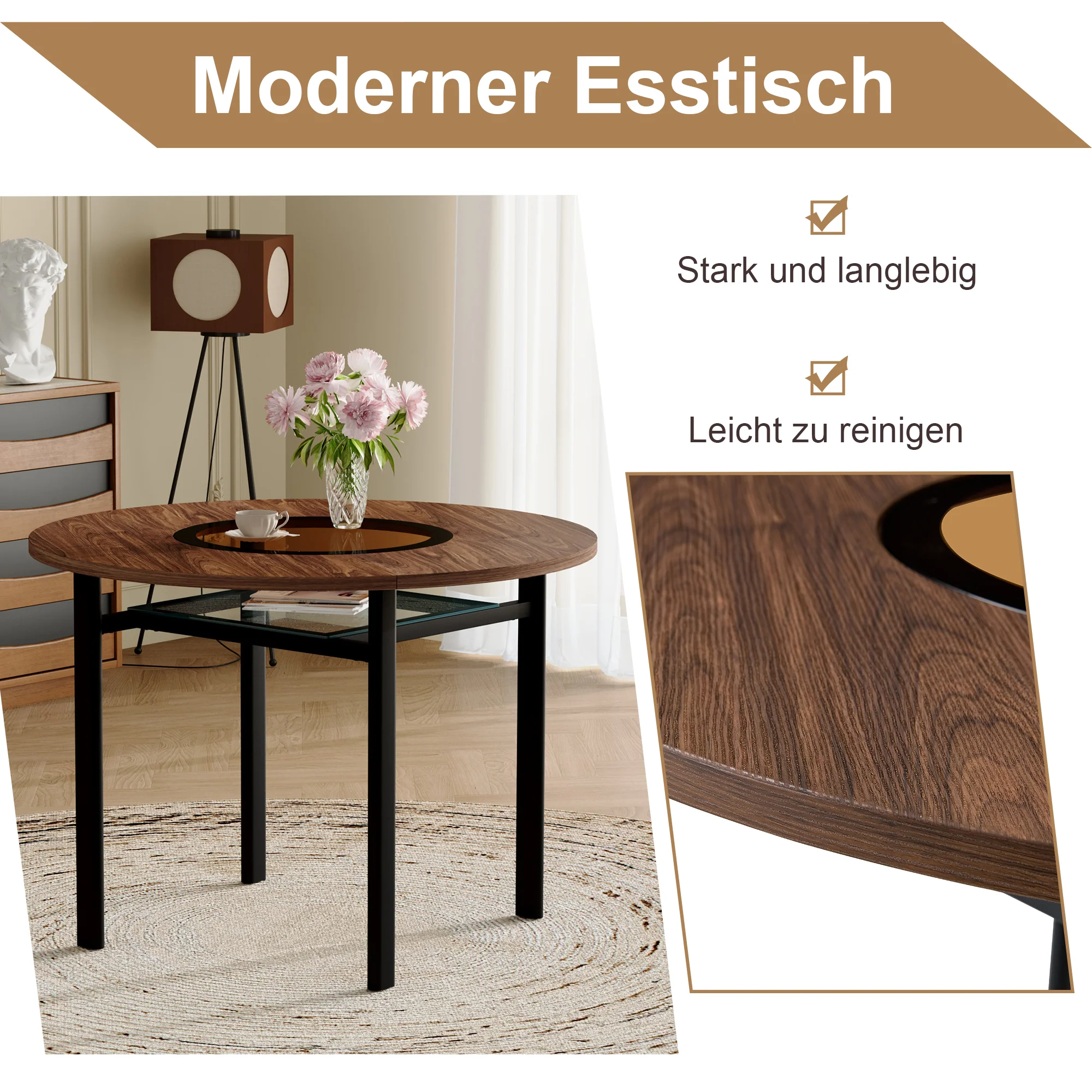 Dining Table Set Round 100cm Wood Look 2 Chairs - Black PU - Image 10