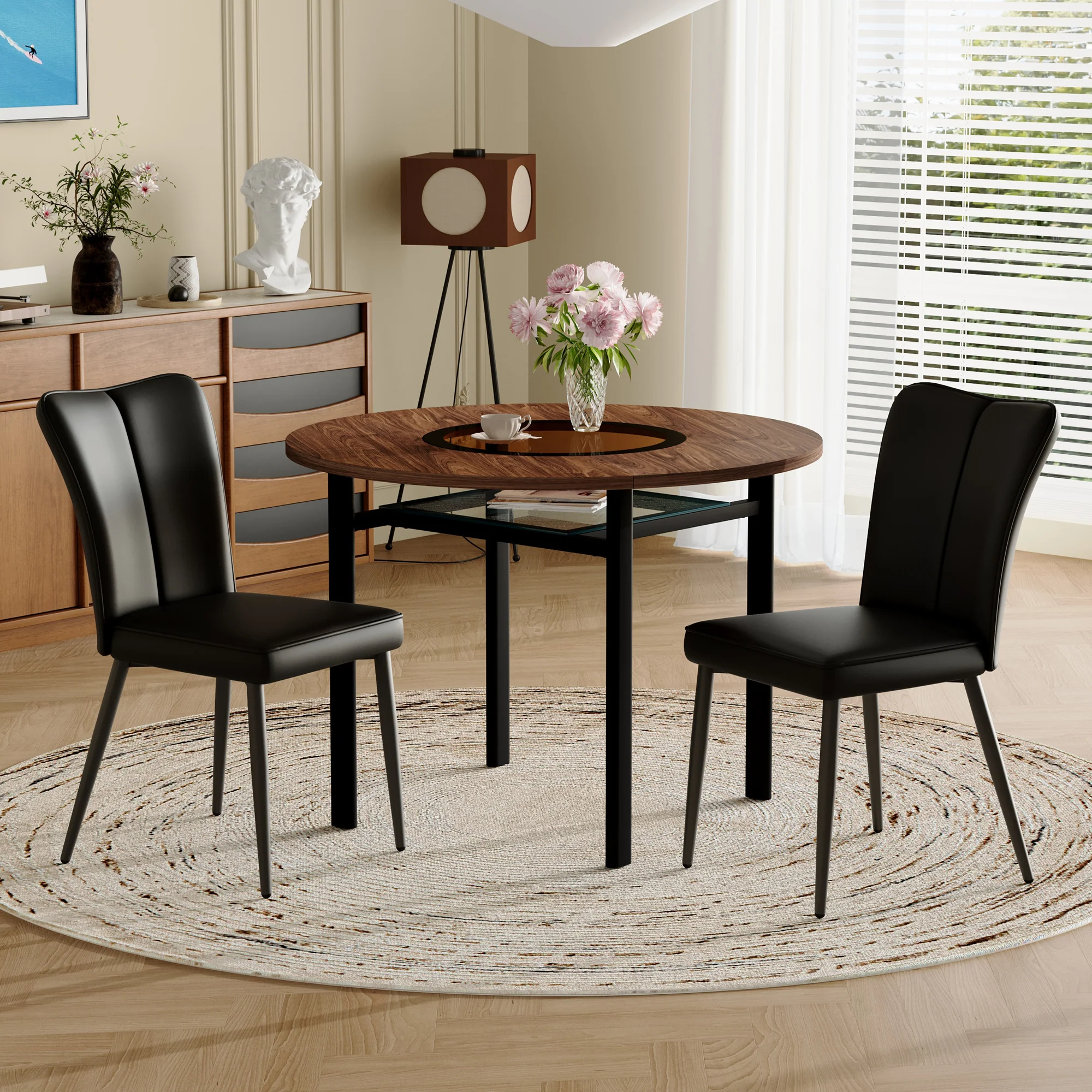 Dining Table Set Round 100cm Wood Look 2 Chairs - Black PU - Image 2