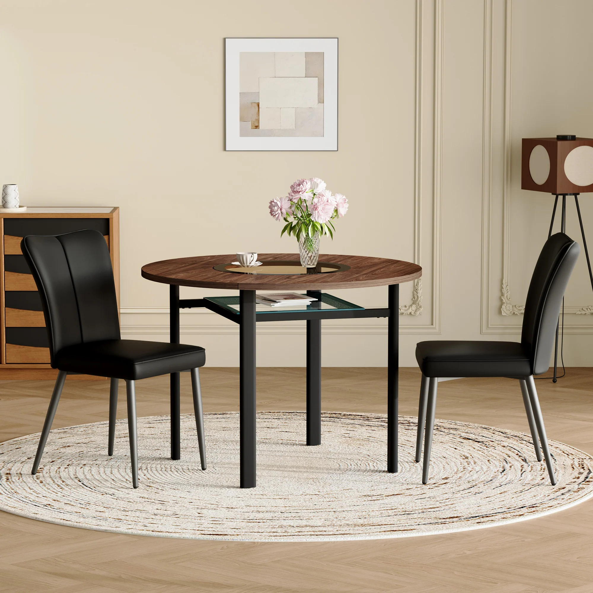 Dining Table Set Round 100cm Wood Look 2 Chairs - Black PU - Image 3