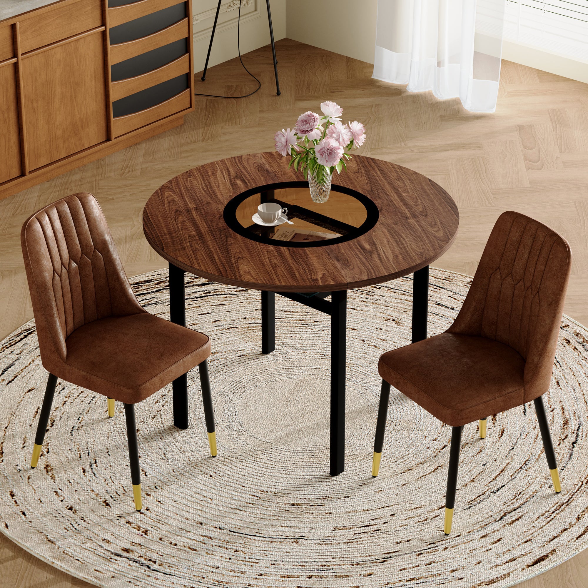 Dining Table Set Round Minimalist 100cm with 2 Chairs Wood Look Brown Tech Fabric