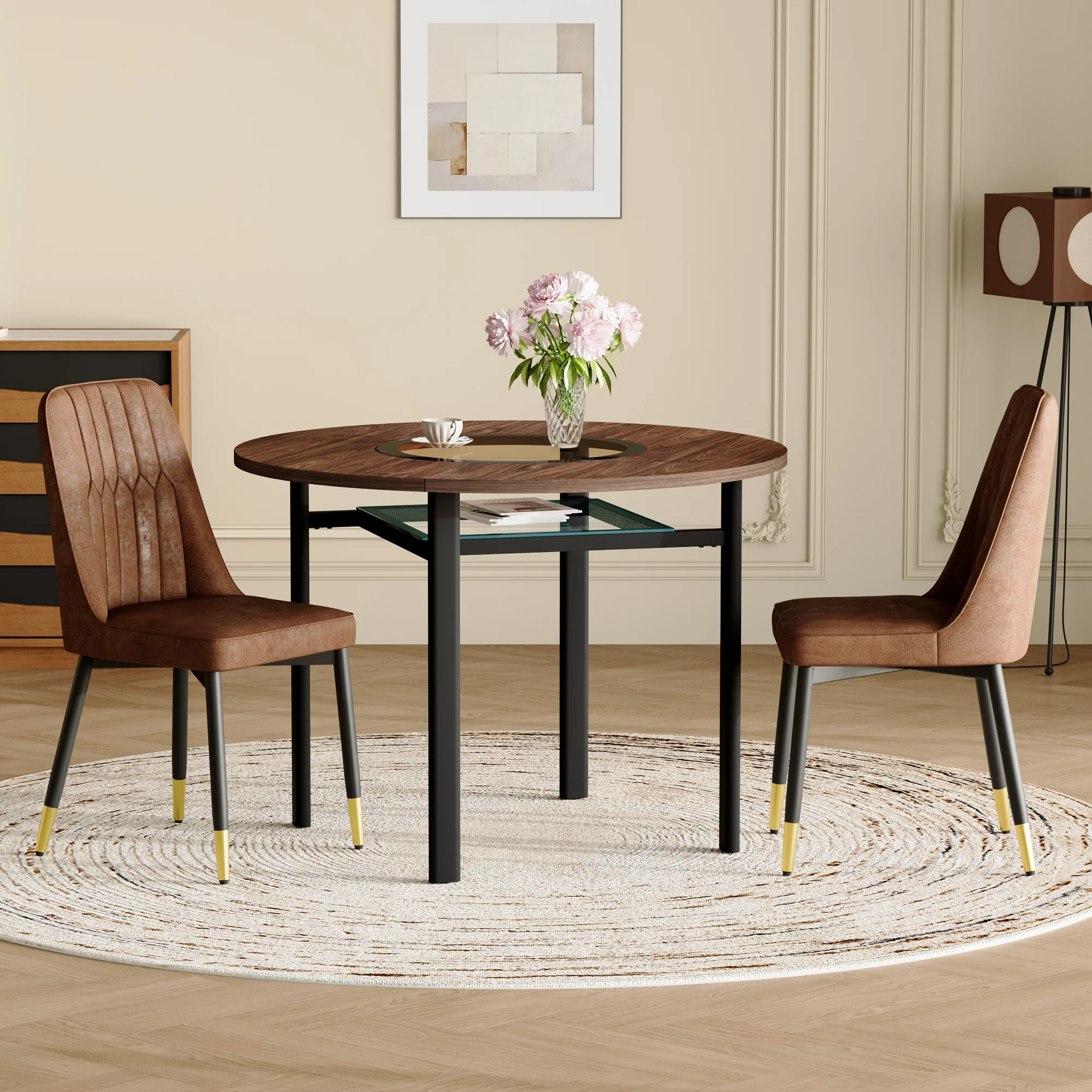 Dining Table Set Round Minimalist 100cm with 2 Chairs Wood Look Brown Tech Fabric - Image 3