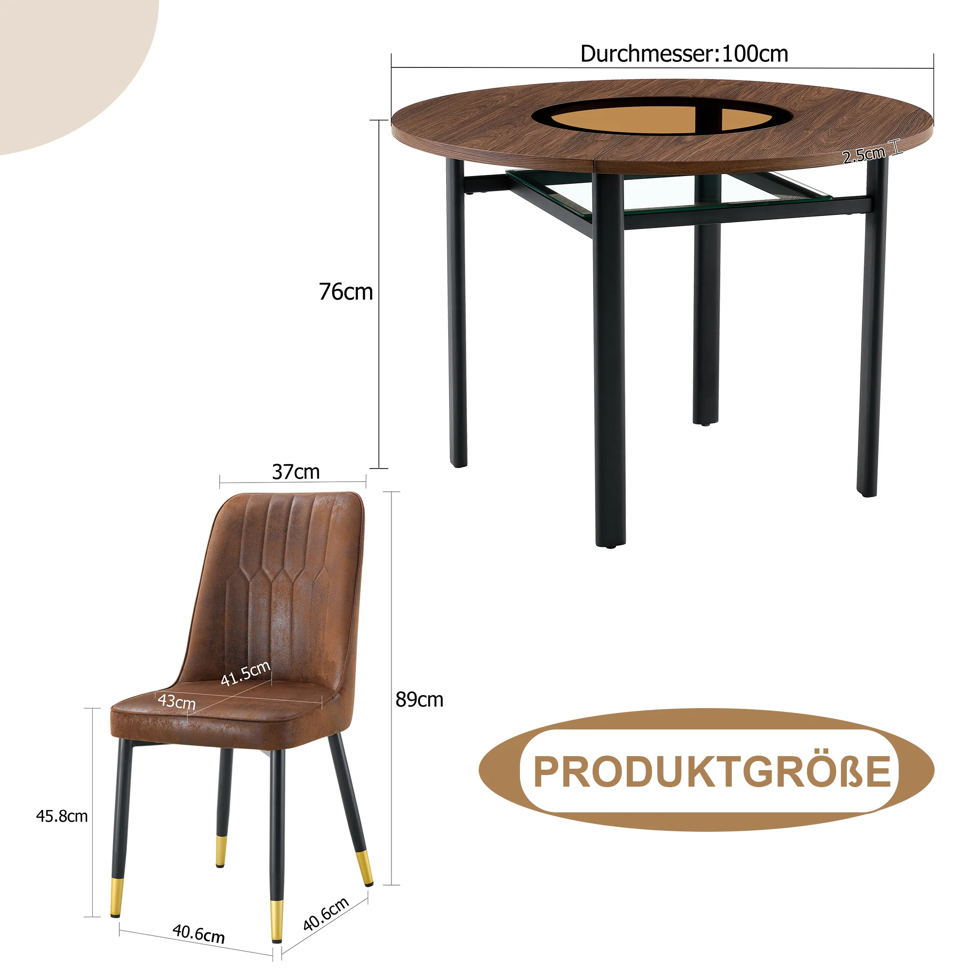 Dining Table Set Round Minimalist 100cm with 2 Chairs Wood Look Brown Tech Fabric - Image 4