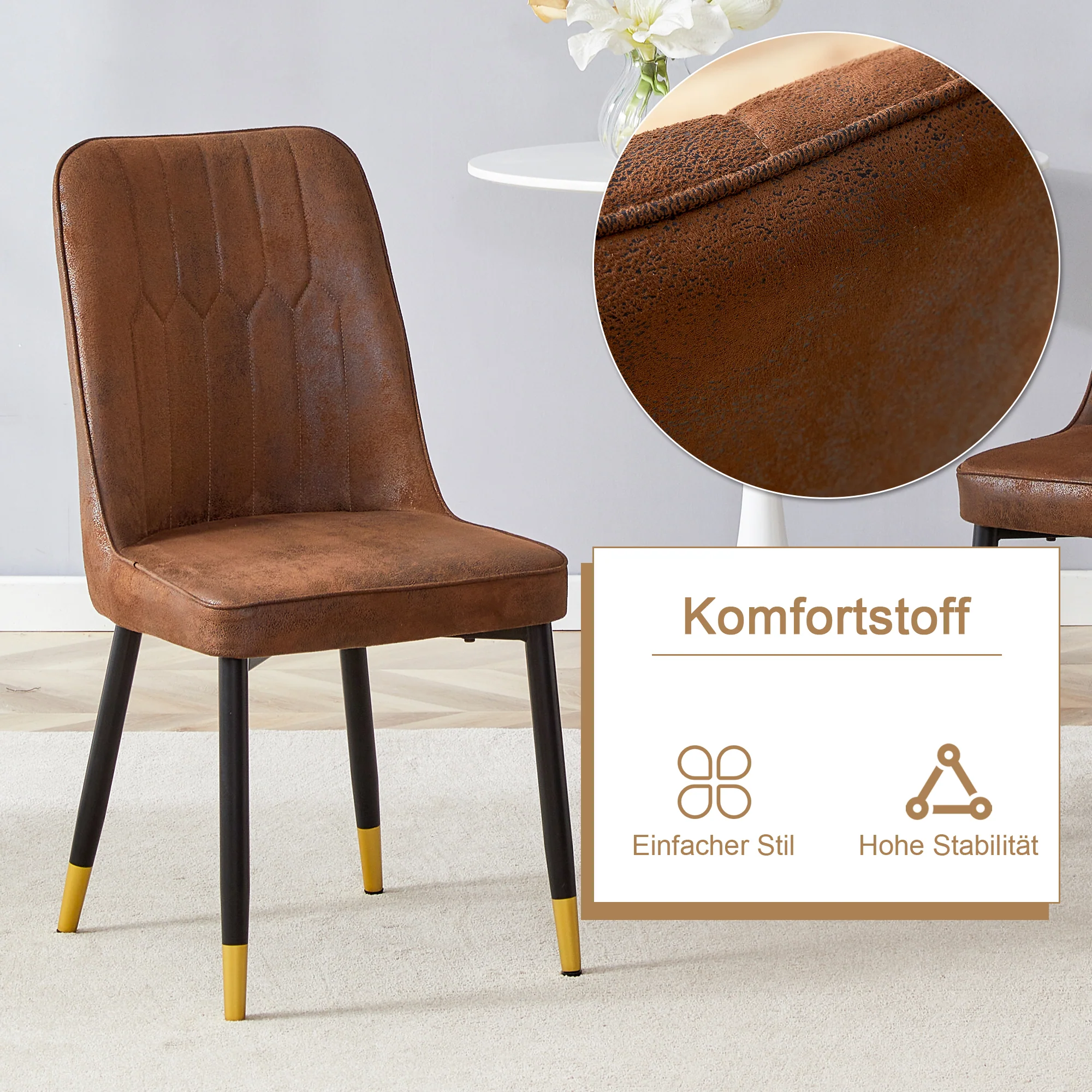 Dining Table Set Round Minimalist 100cm with 2 Chairs Wood Look Brown Tech Fabric - Image 5