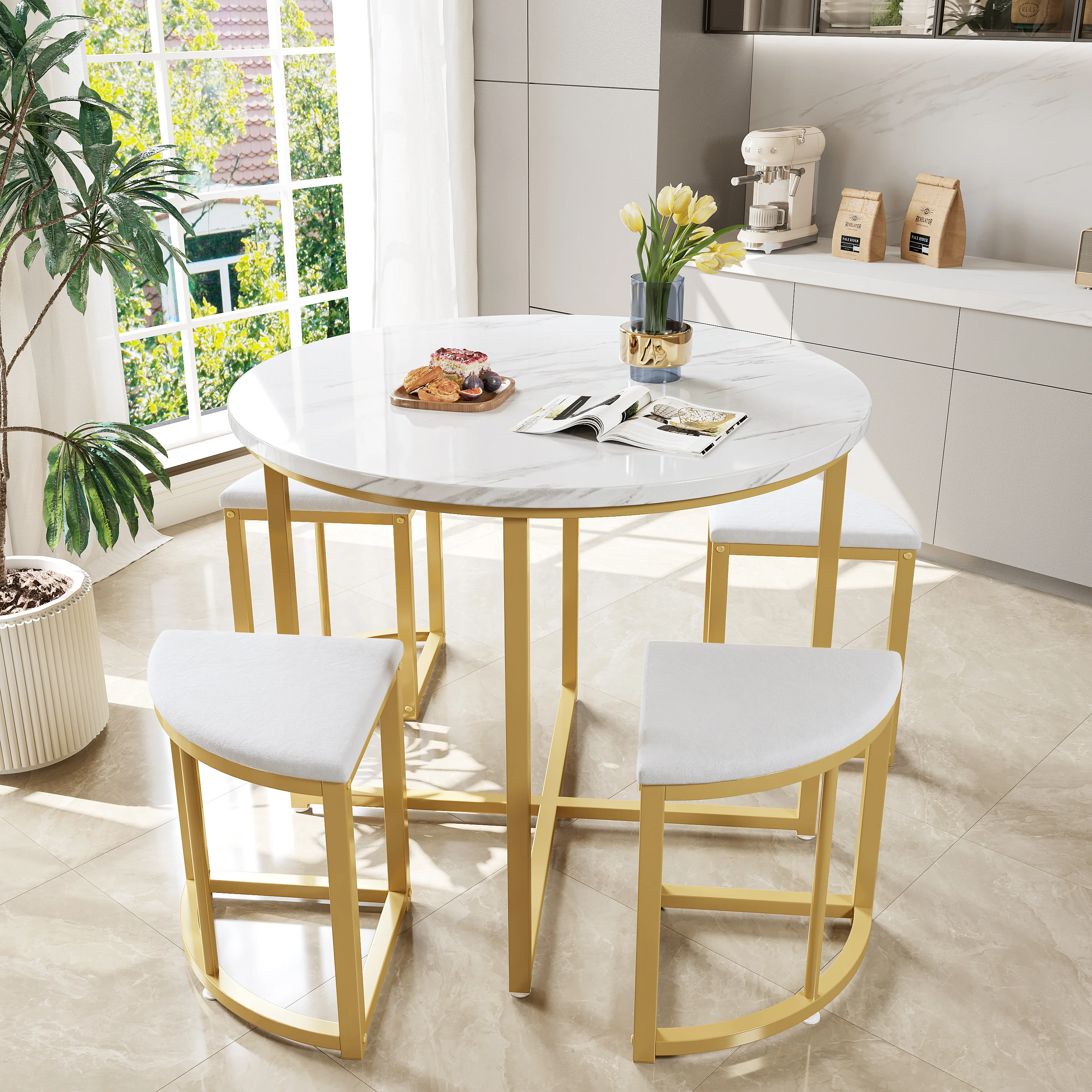 Dining Table Set with 4 Chairs, Modern Luxury MDF Gilded Iron Velvet, White