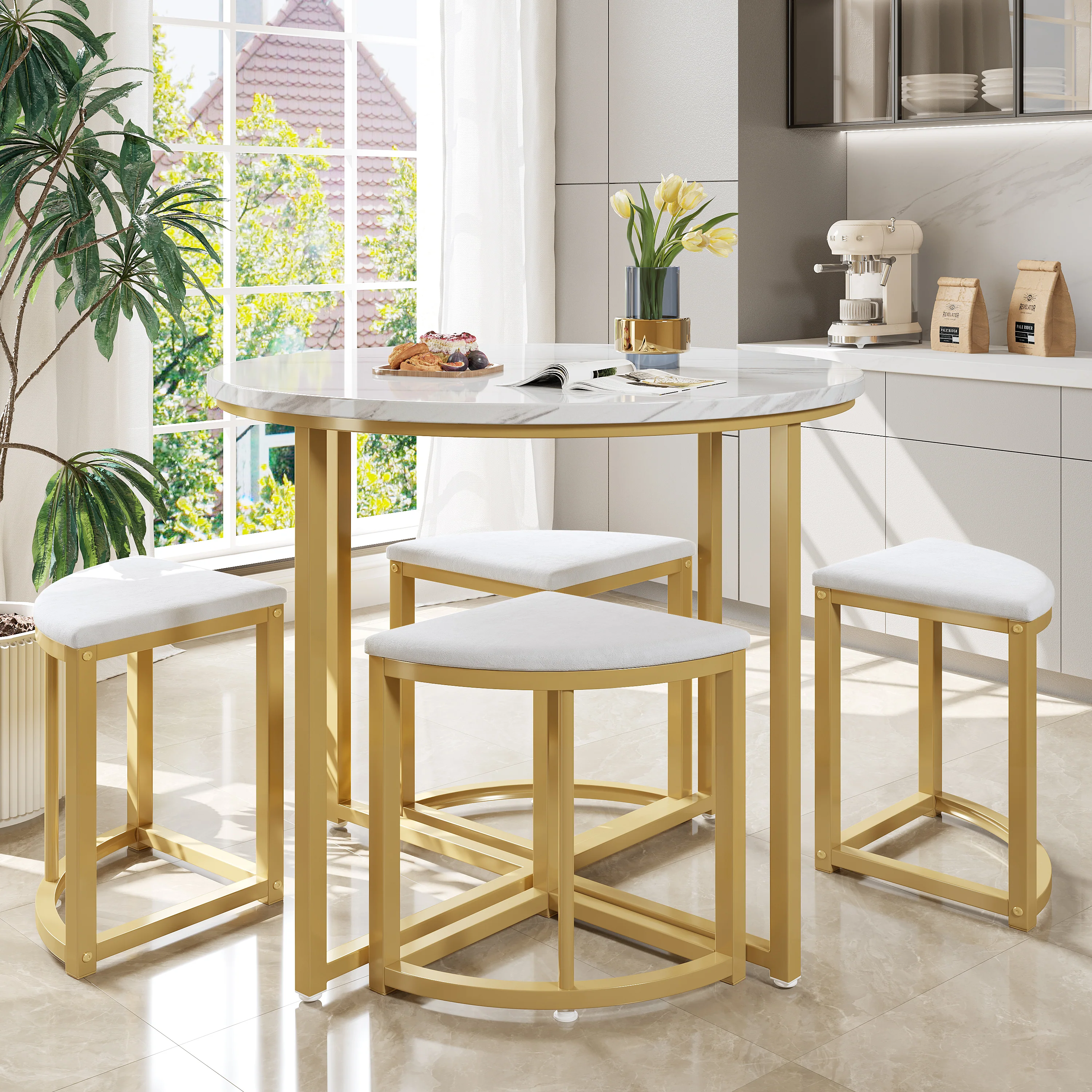 Dining Table Set with 4 Chairs, Modern Luxury MDF Gilded Iron Velvet, White - Image 3