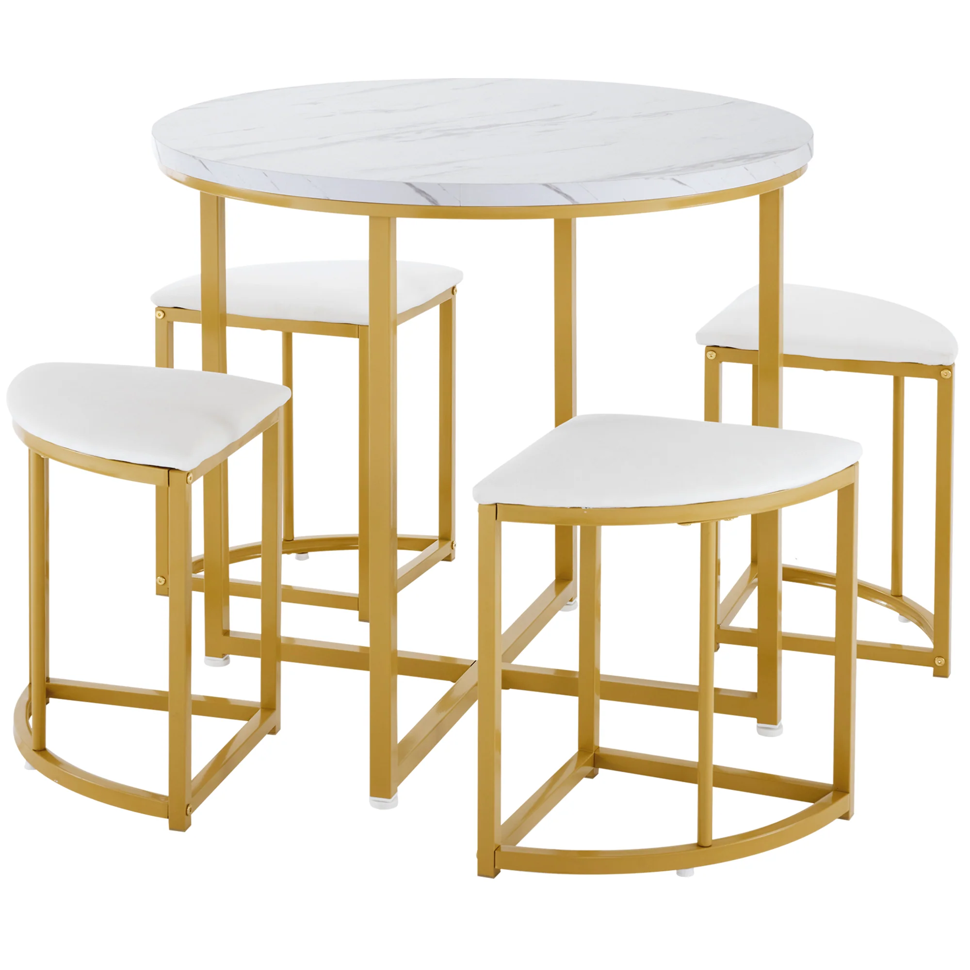 Dining Table Set with 4 Chairs, Modern Luxury MDF Gilded Iron Velvet, White - Image 5