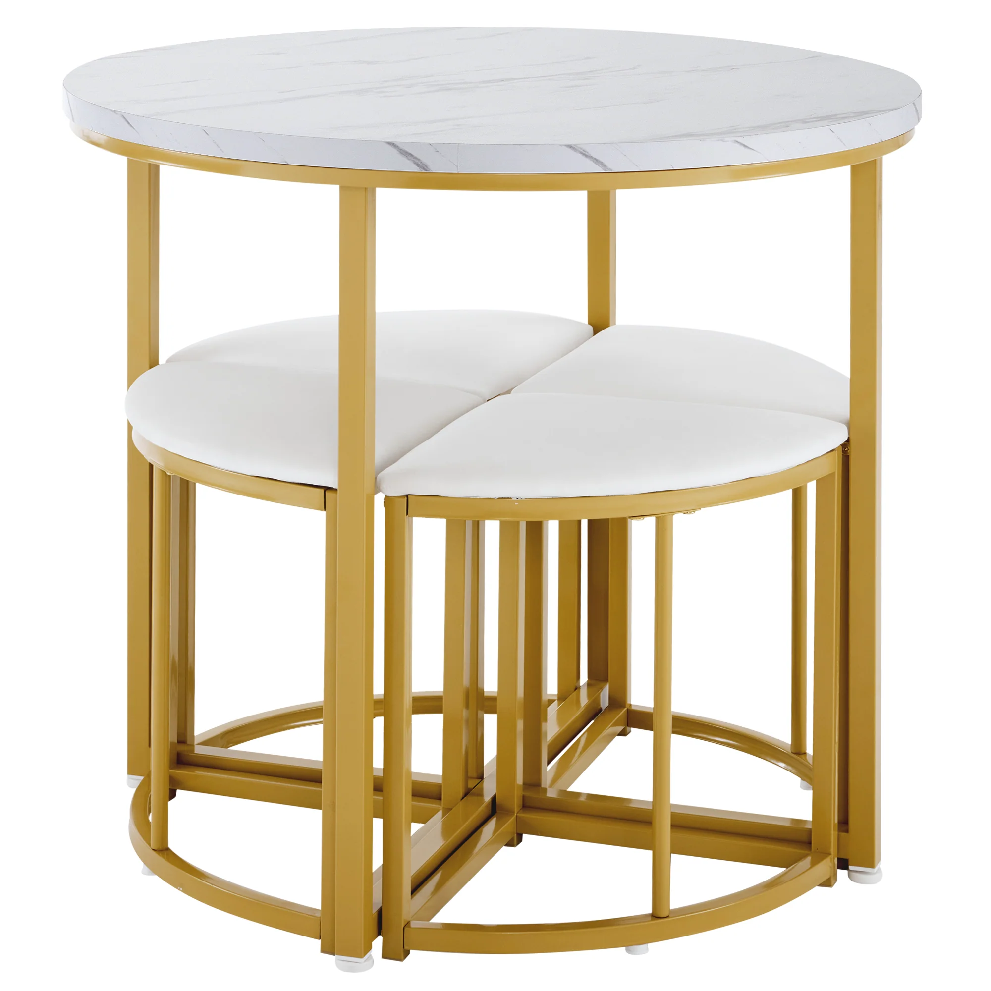 Dining Table Set with 4 Chairs, Modern Luxury MDF Gilded Iron Velvet, White - Image 6