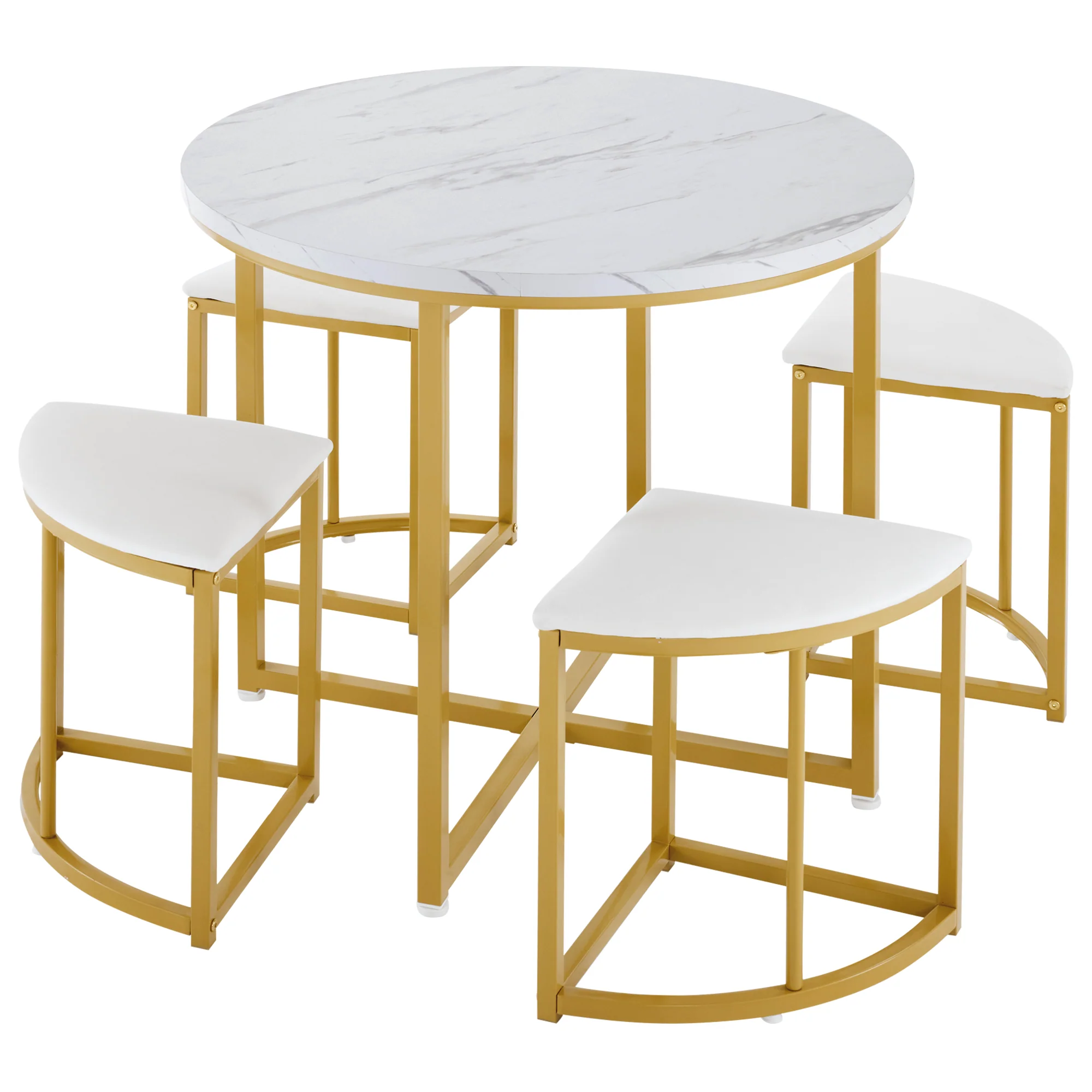 Dining Table Set with 4 Chairs, Modern Luxury MDF Gilded Iron Velvet, White - Image 7