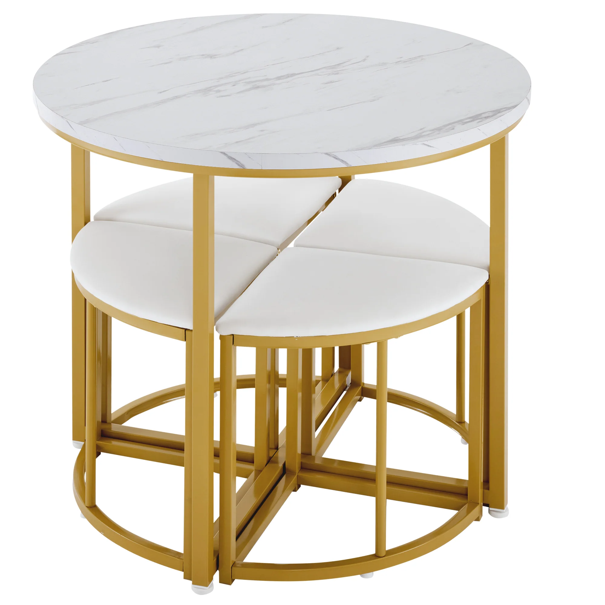 Dining Table Set with 4 Chairs, Modern Luxury MDF Gilded Iron Velvet, White - Image 9