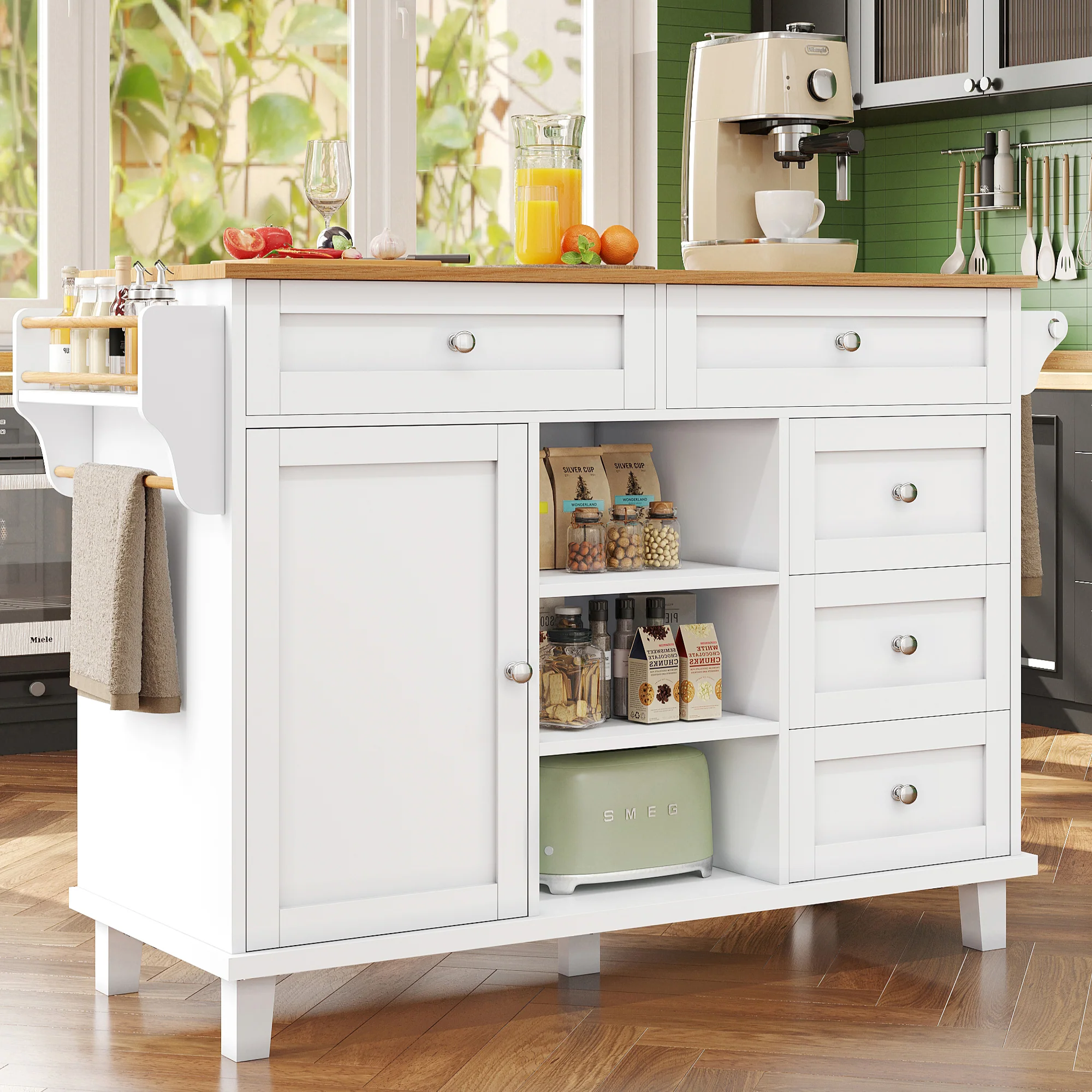 Dining Trolley, 134x46x92cm Drawer & Cabinet Storage, Mobile/Stationary Dual-Use, White - Image 4