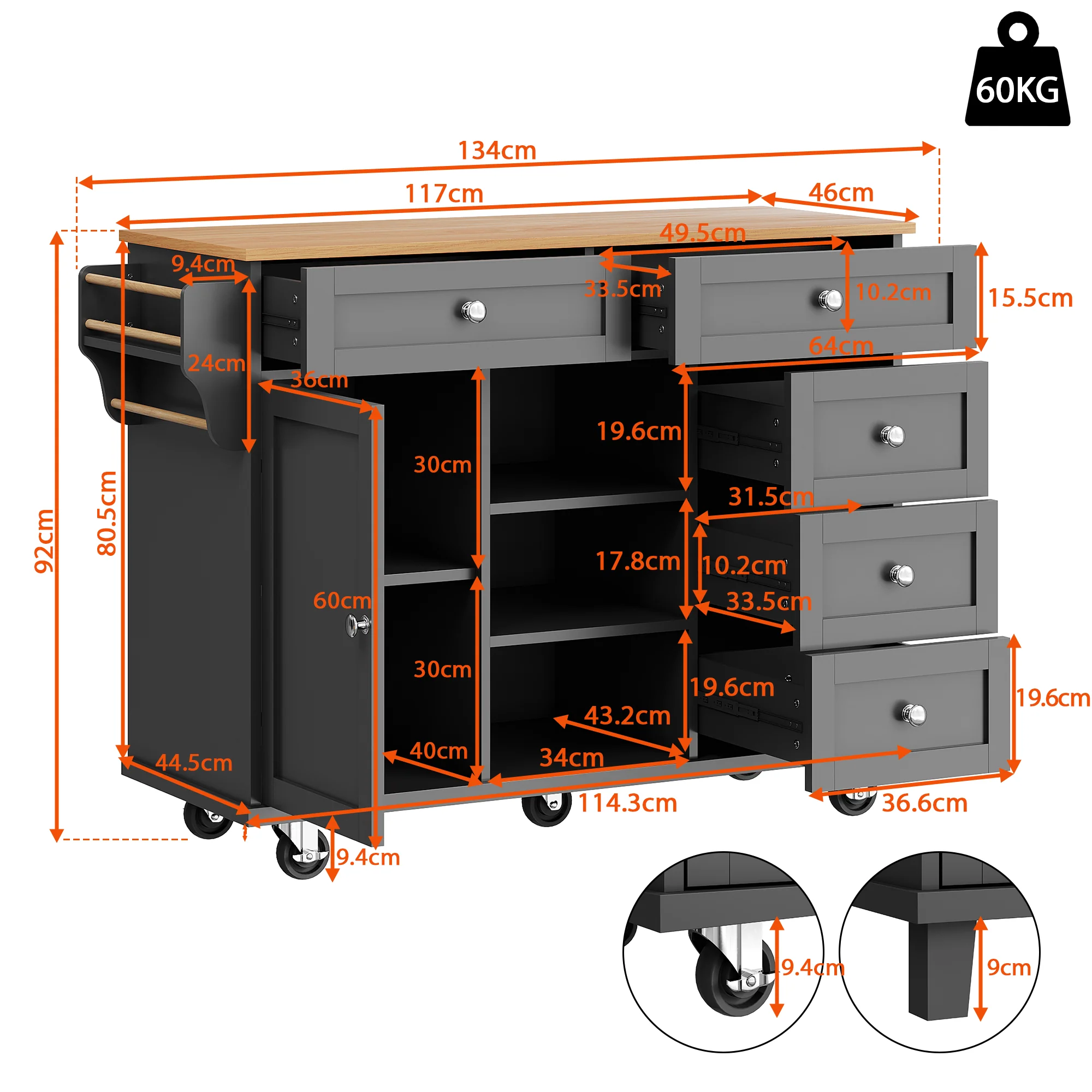 Dining Trolley 134x46x92cm Mobile & Stationary Storage Cabinet Black - Image 7