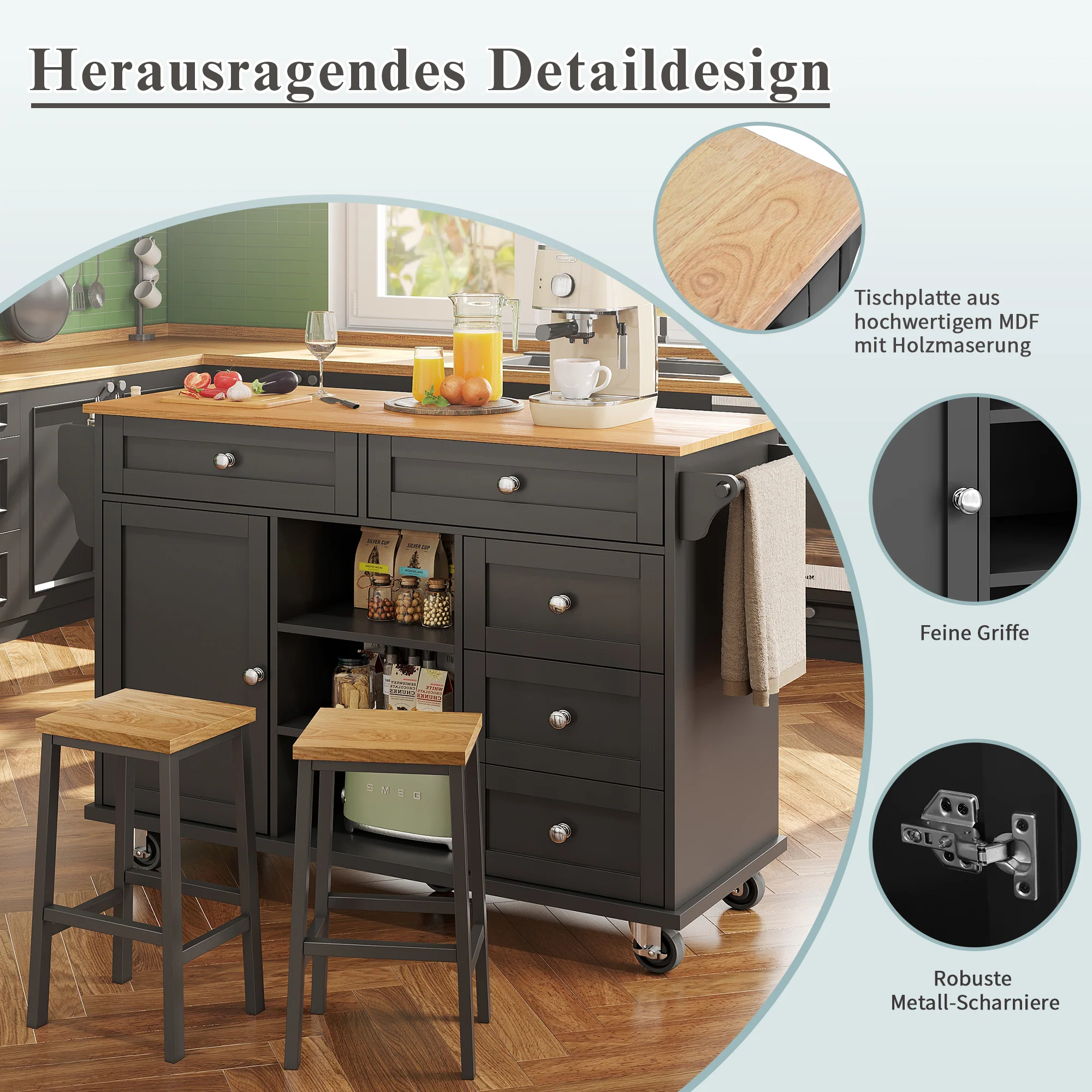 Dining Trolley 134x46x92cm Mobile & Stationary Storage Cabinet Black - Image 8