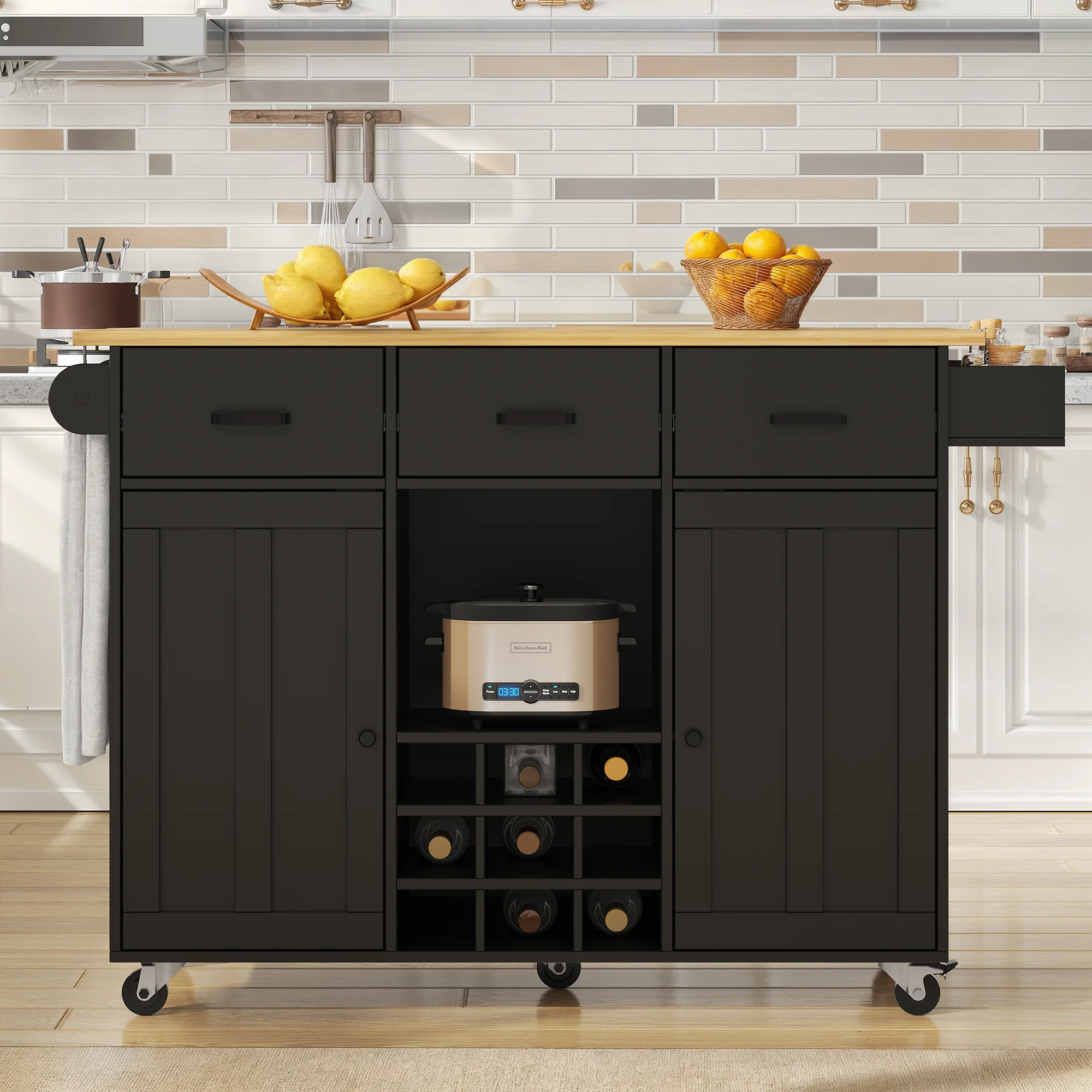 Dining Trolley Mobile Removable Worktop Spice Rack Adjustable Storage - Wood Grain Black - Image 3