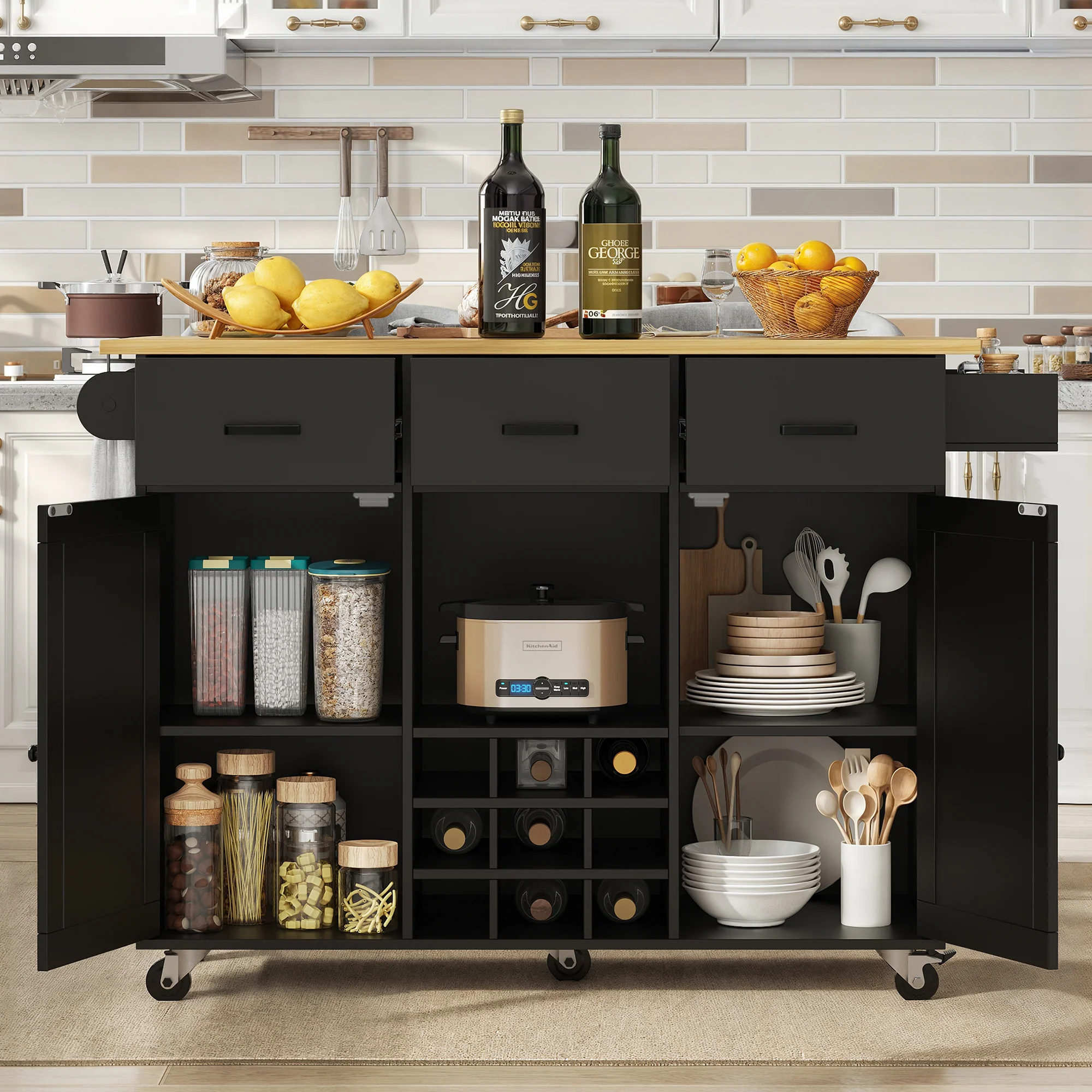 Dining Trolley Mobile Removable Worktop Spice Rack Adjustable Storage - Wood Grain Black - Image 4