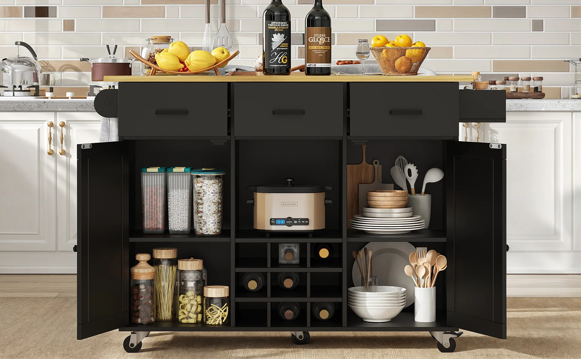 Dining Trolley Mobile Removable Worktop Spice Rack Adjustable Storage - Wood Grain Black - Image 9
