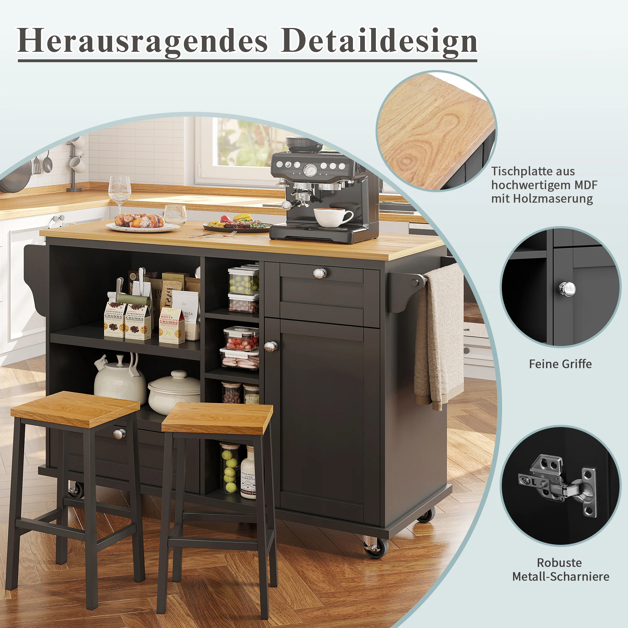 Dining Trolley Mobile Storage Drawers - Black/Light Brown Wood Top - Image 10