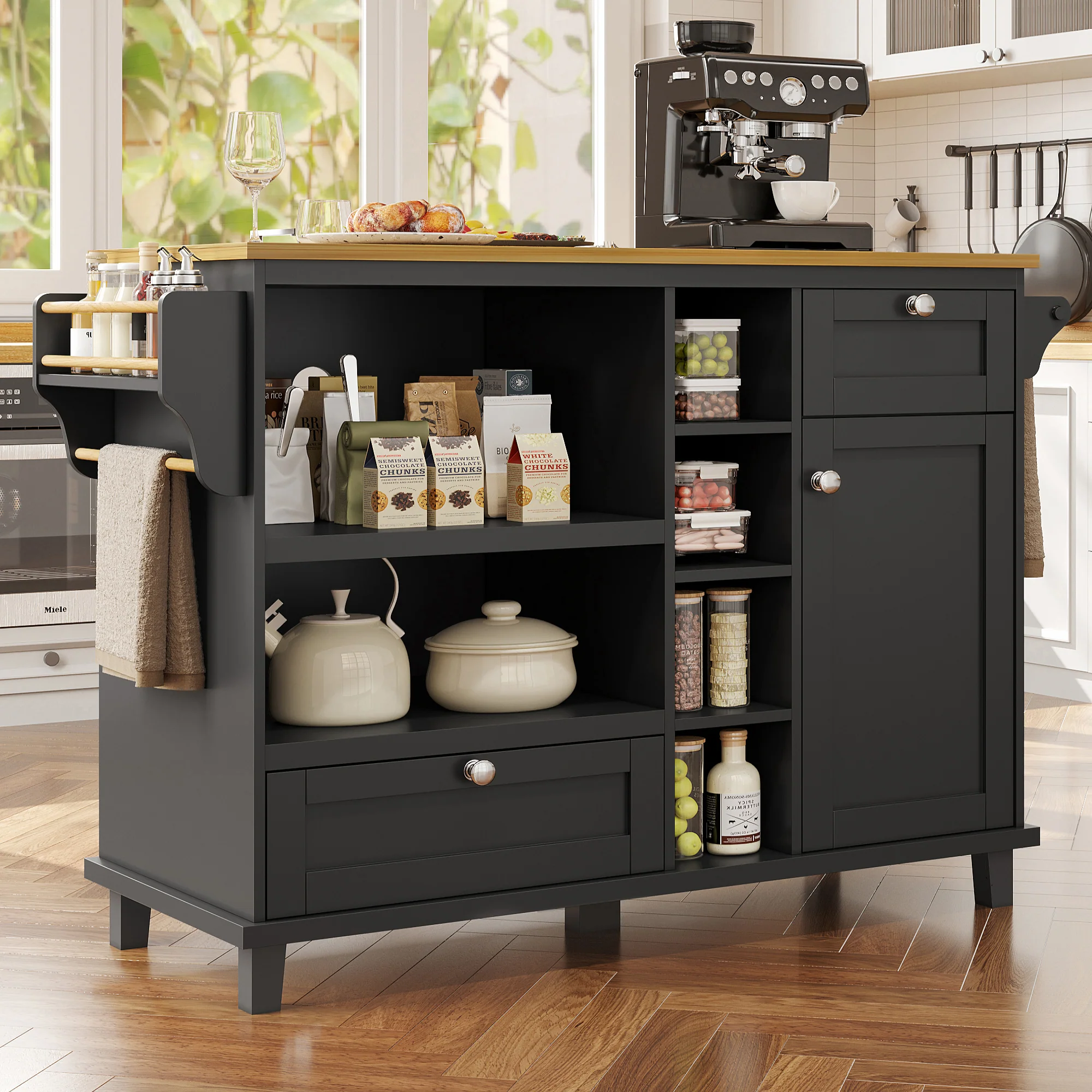 Dining Trolley Mobile Storage Drawers - Black/Light Brown Wood Top - Image 2